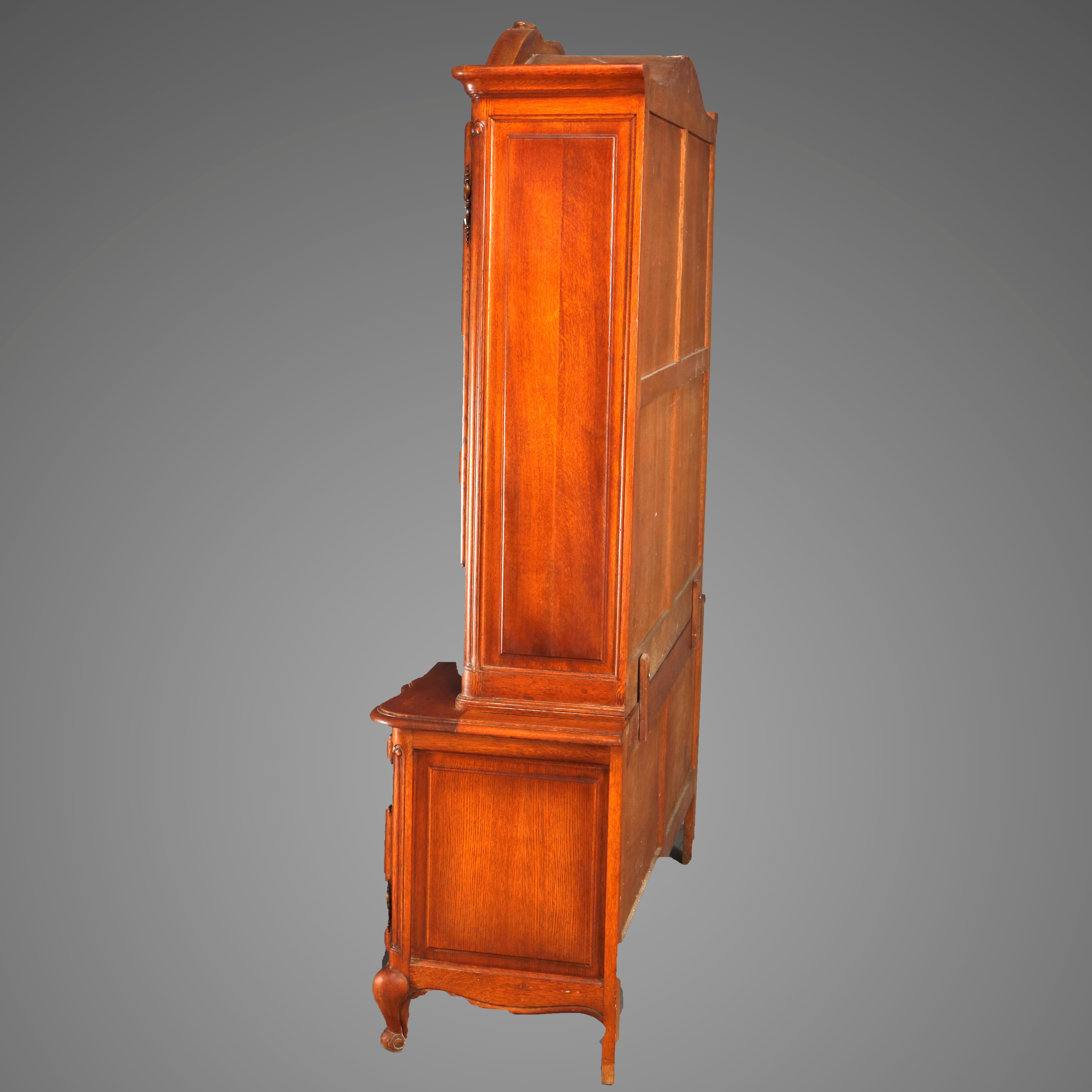 French Style Carved Oak Double Glass Door Breakfront Cabinet, 20th Century 4