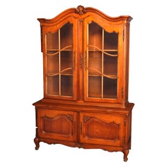 French Style Carved Oak Double Glass Door Breakfront Cabinet, 20th Century