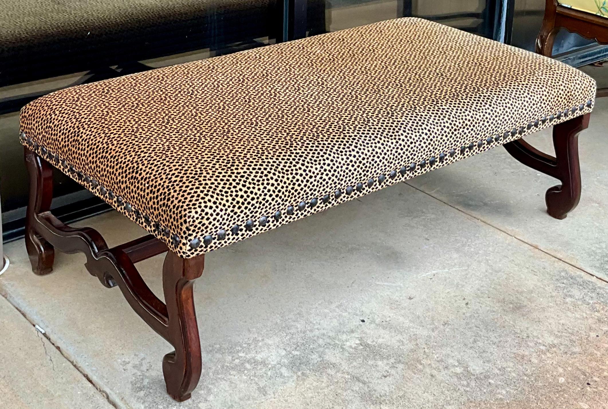 American French Style Carved Oak Ottoman W/ Nailheads In Leopard Upholstery For Sale