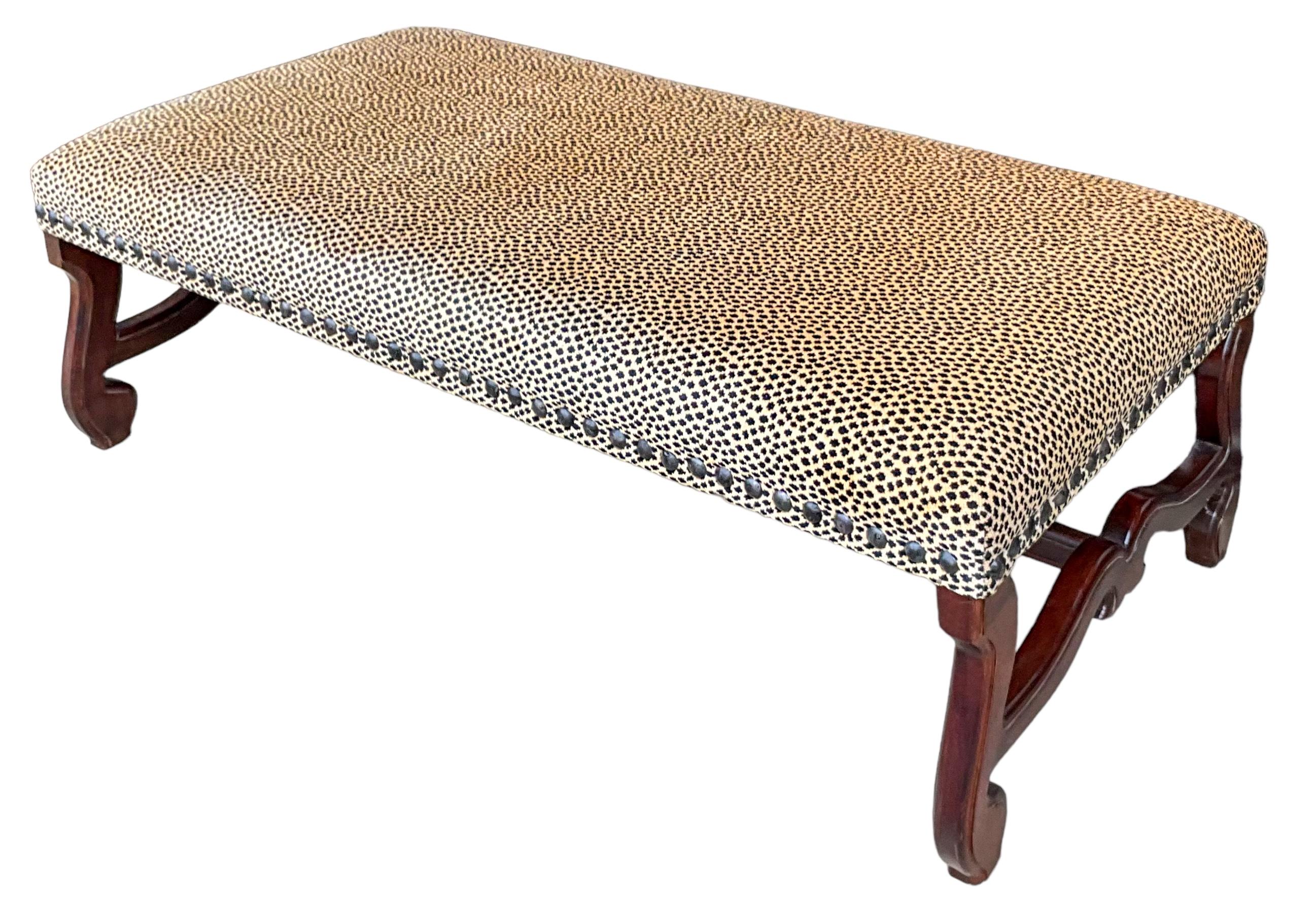 French Style Carved Oak Ottoman W/ Nailheads In Leopard Upholstery In Good Condition For Sale In Kennesaw, GA