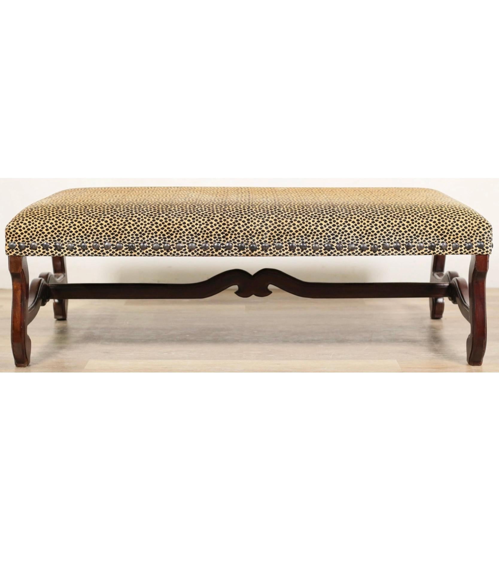 French Style Carved Oak Ottoman W/ Nailheads In Leopard Upholstery For Sale 1