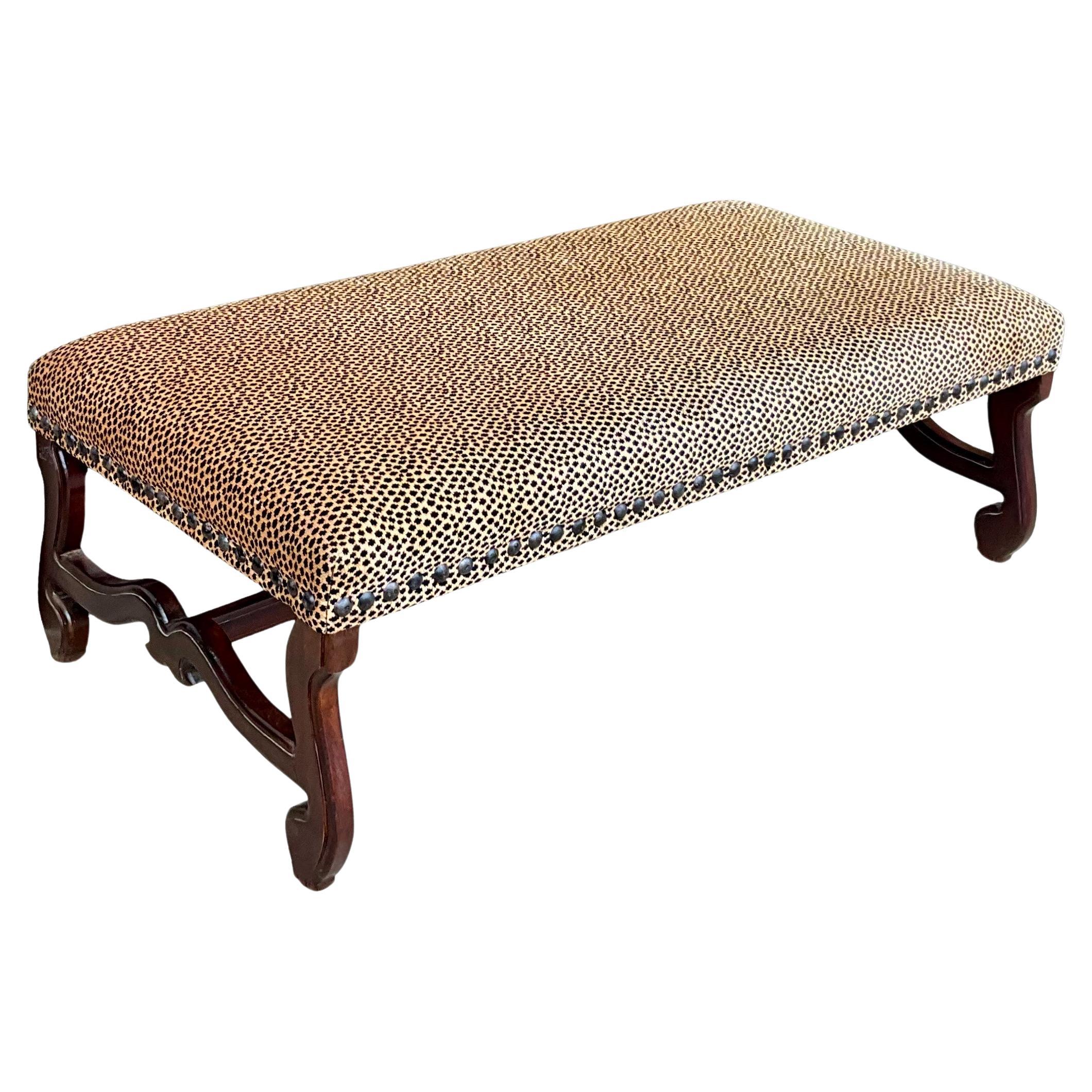 French Style Carved Oak Ottoman W/ Nailheads In Leopard Upholstery For Sale