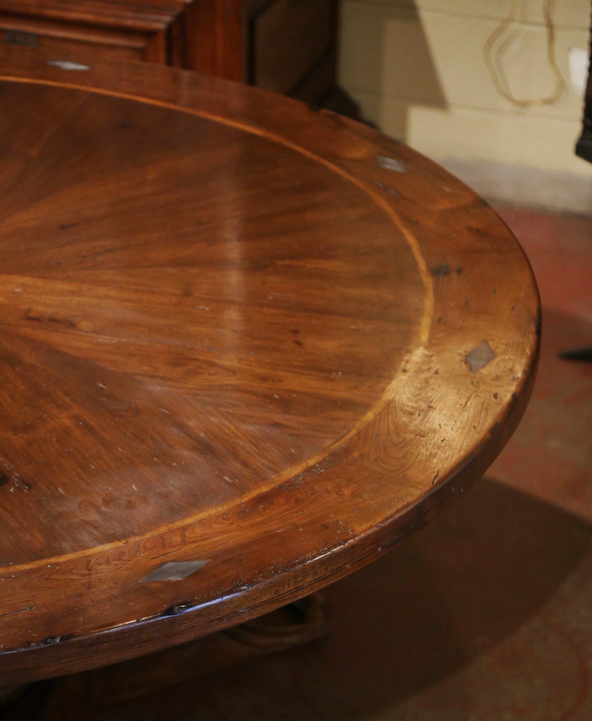 French Style Carved Walnut Walnut Round Table on Center Column Pedestal Base 1