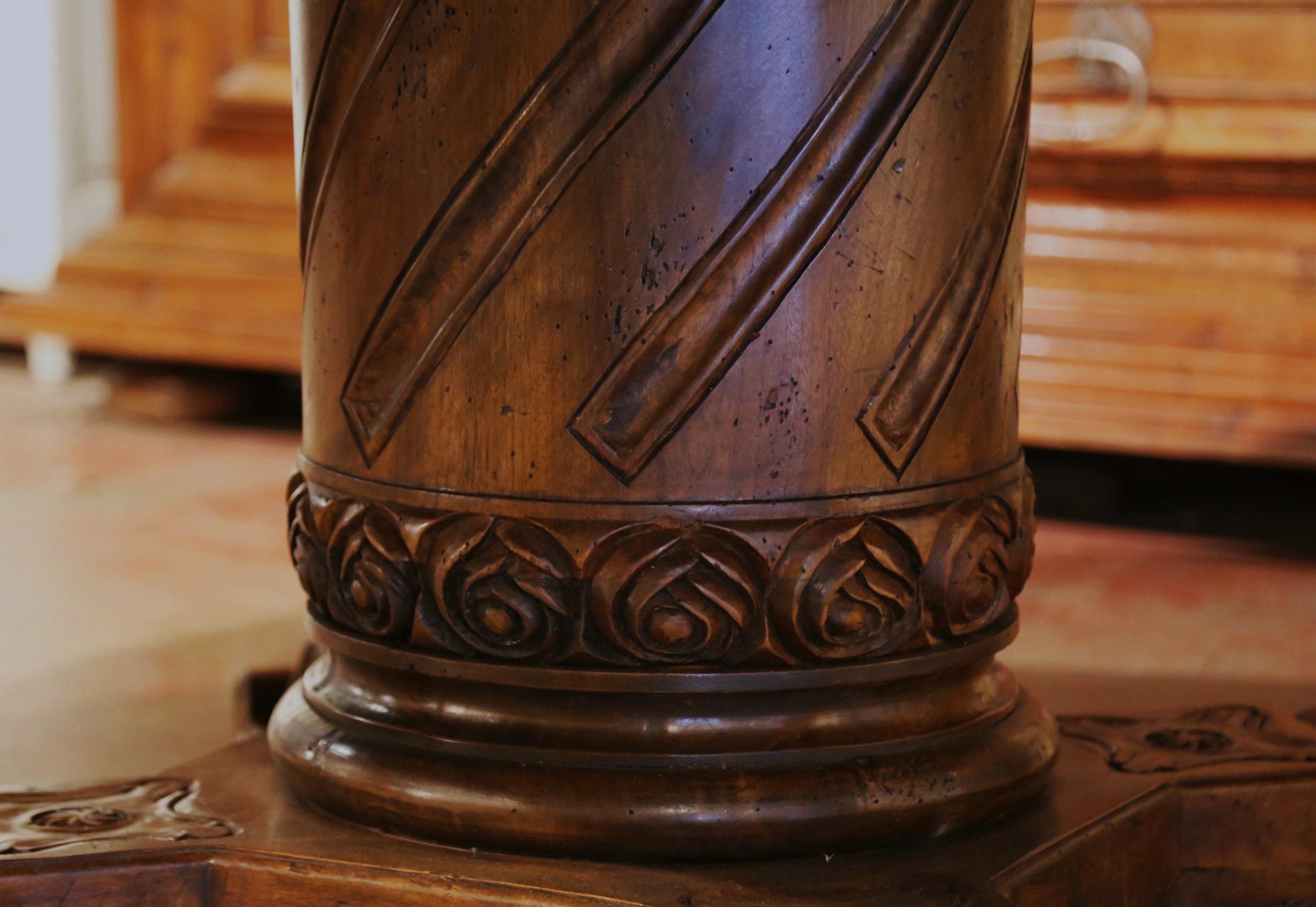 French Style Carved Walnut Walnut Round Table on Center Column Pedestal Base 2
