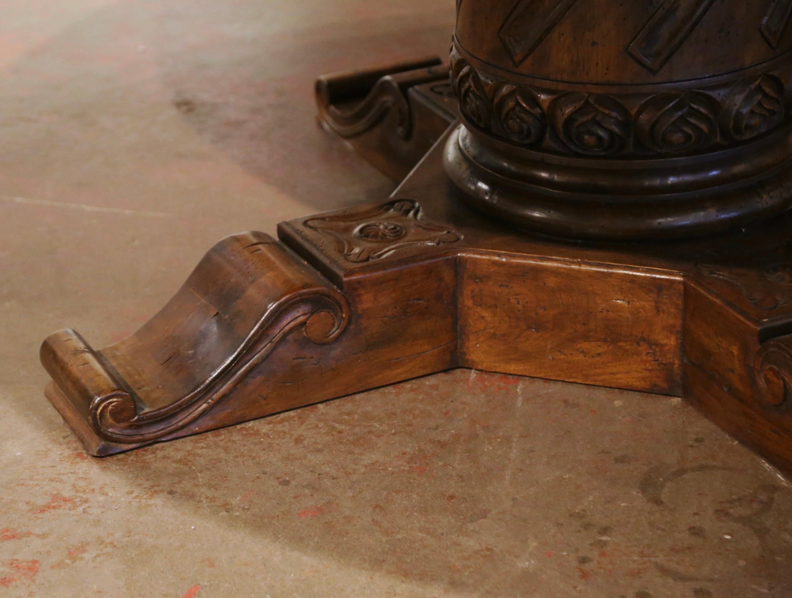 French Style Carved Walnut Walnut Round Table on Center Column Pedestal Base 3