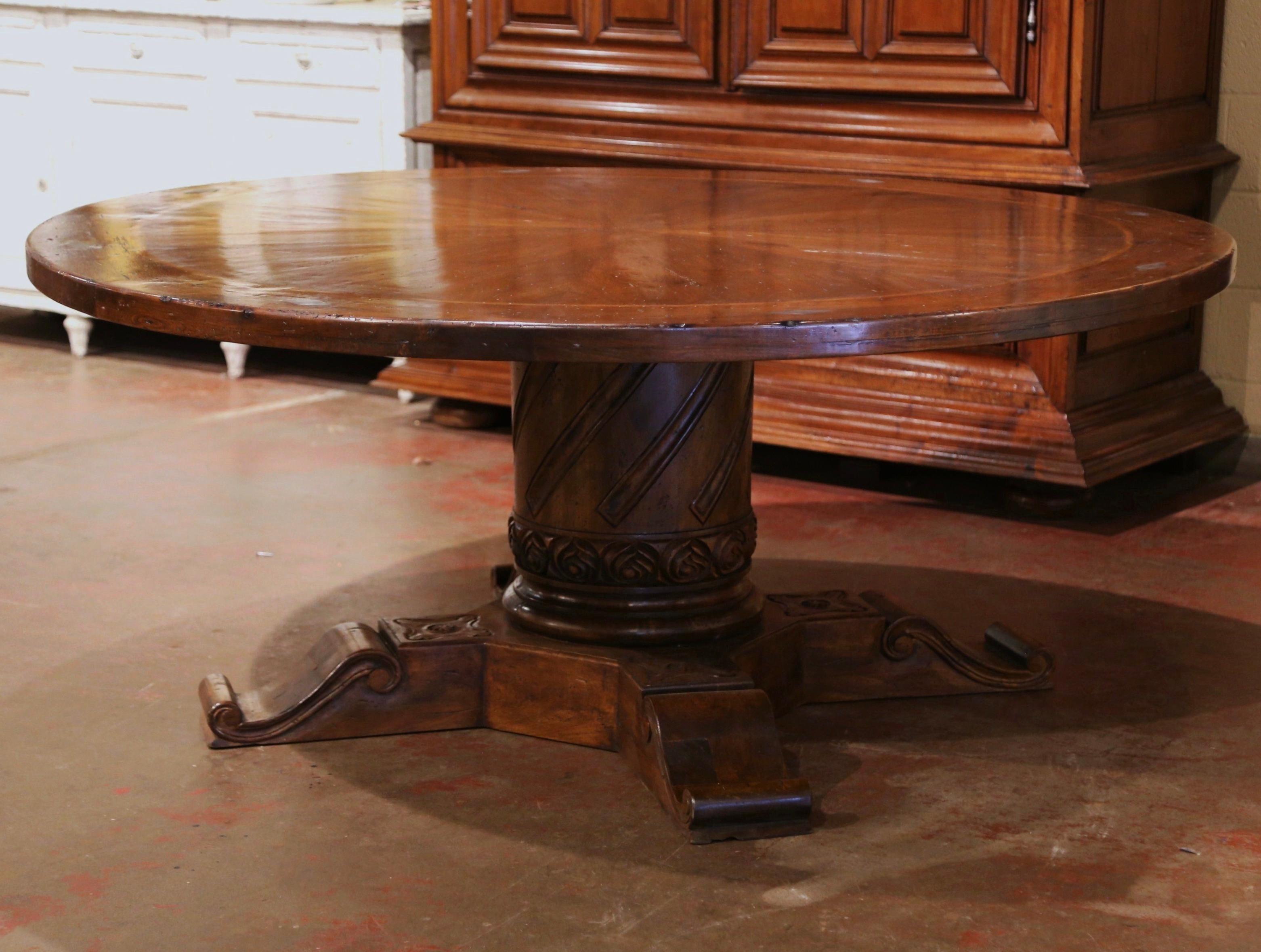 Louis XIII French Style Carved Walnut Walnut Round Table on Center Column Pedestal Base