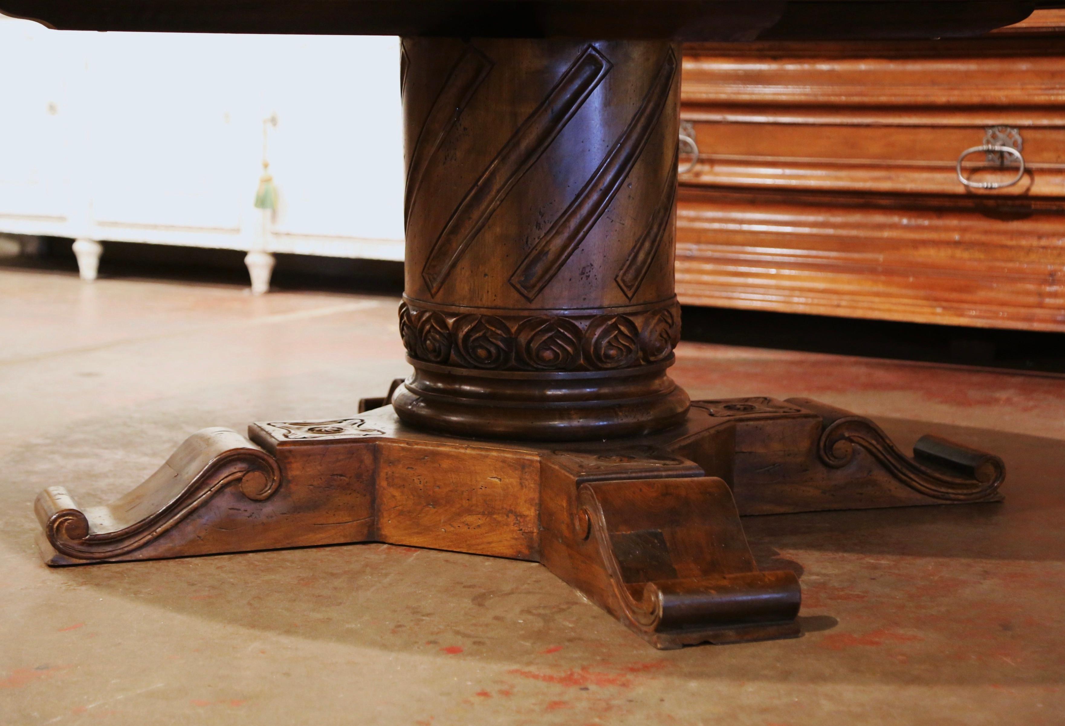 American French Style Carved Walnut Walnut Round Table on Center Column Pedestal Base