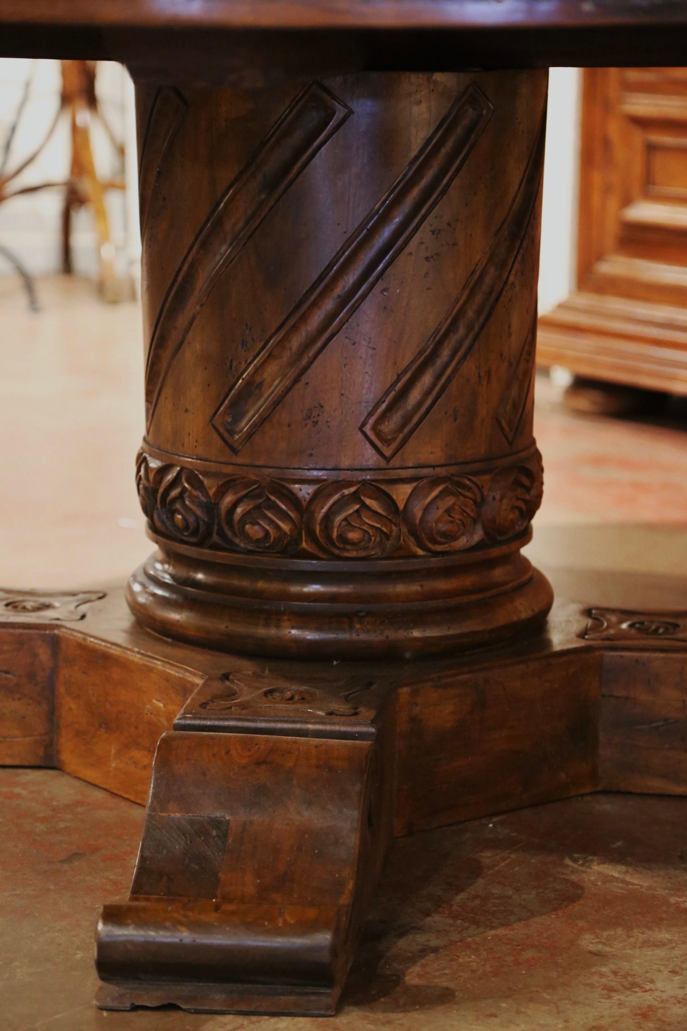 Hand-Carved French Style Carved Walnut Walnut Round Table on Center Column Pedestal Base