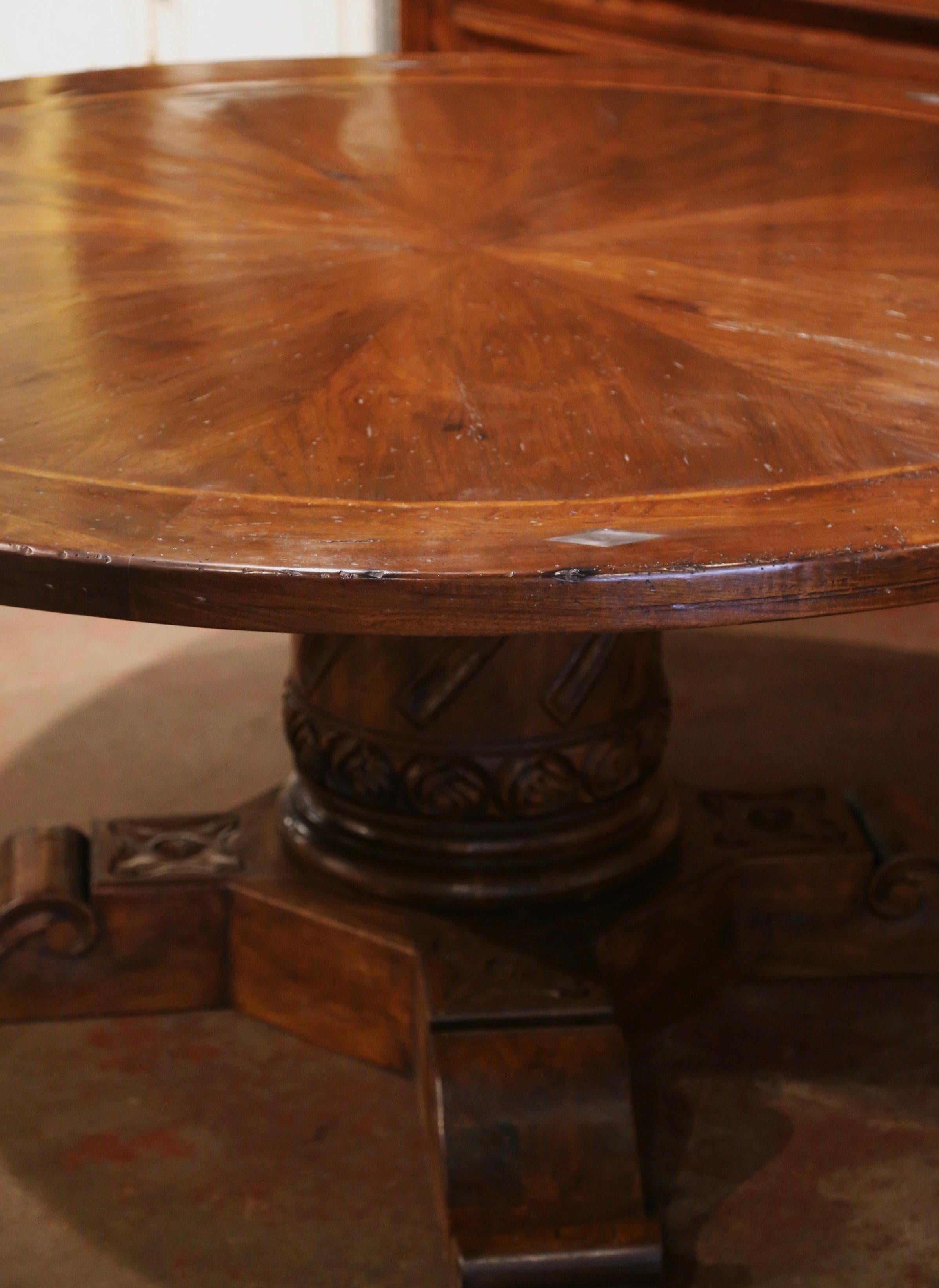 Contemporary French Style Carved Walnut Walnut Round Table on Center Column Pedestal Base