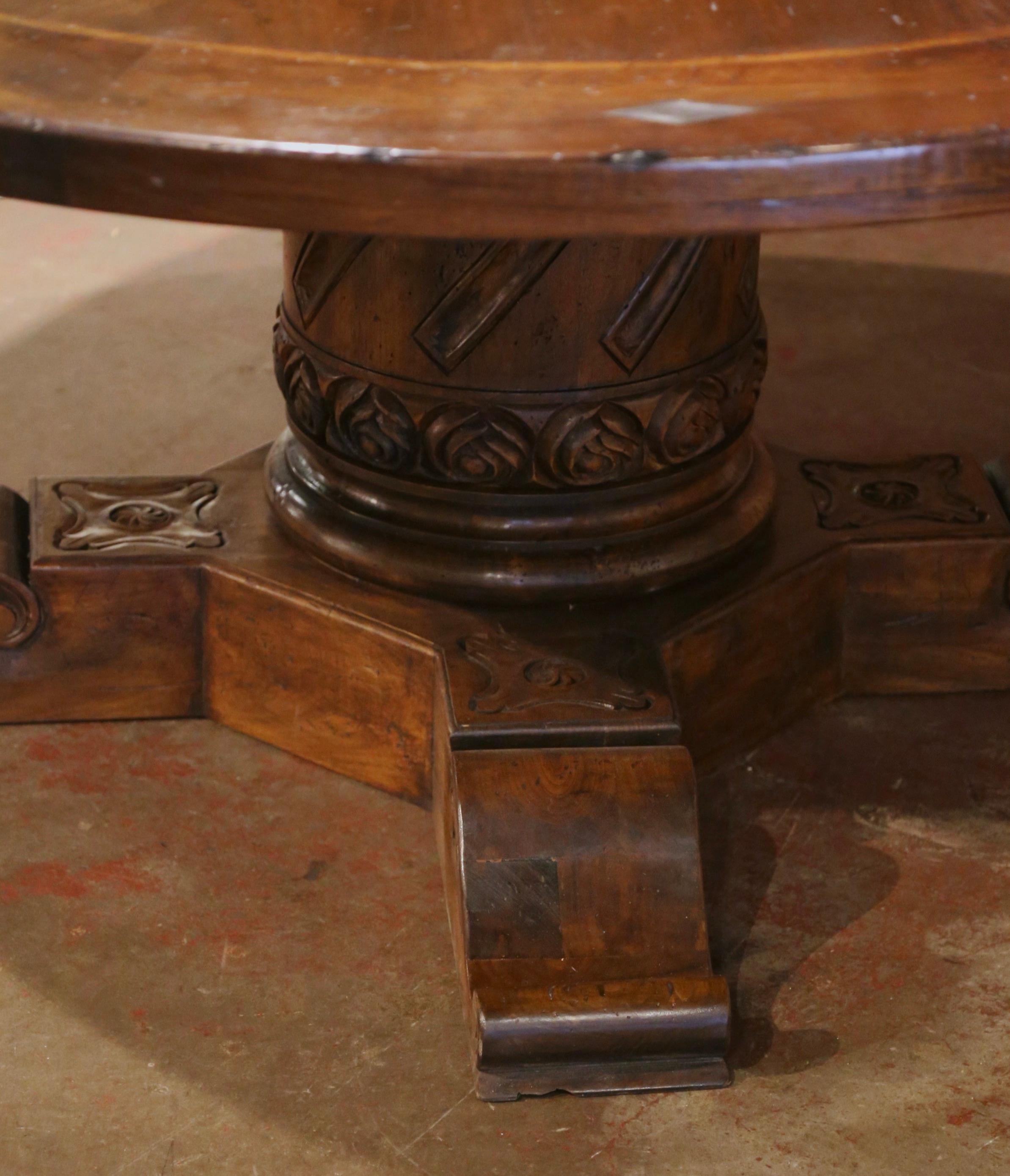 Wrought Iron French Style Carved Walnut Walnut Round Table on Center Column Pedestal Base