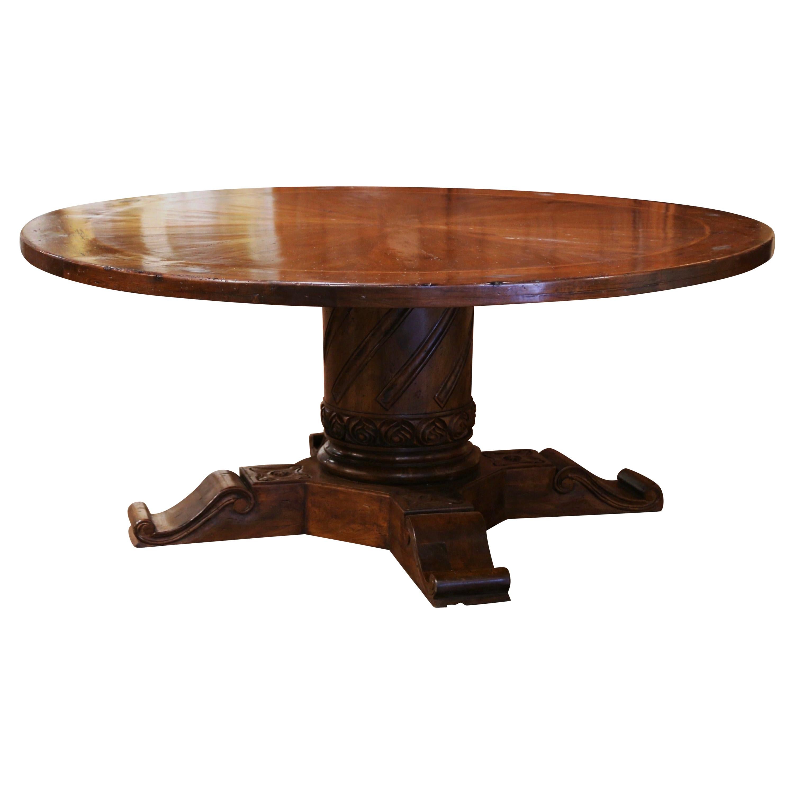 French Style Carved Walnut Walnut Round Table on Center Column Pedestal Base