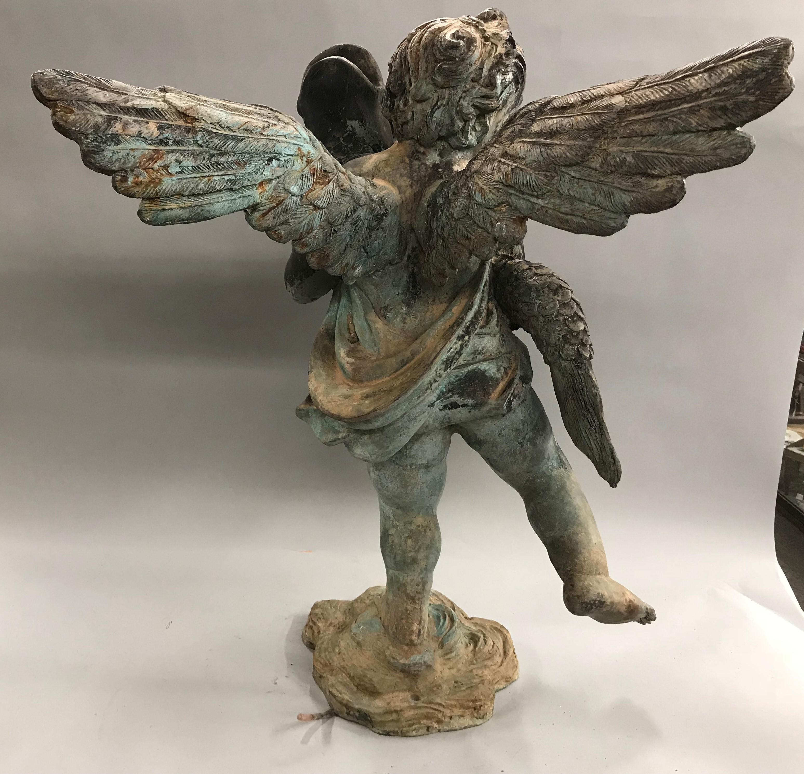 French Style Cast Iron Fountain with Winged Cherub or Putti Holding a Fish In Good Condition In Milford, NH