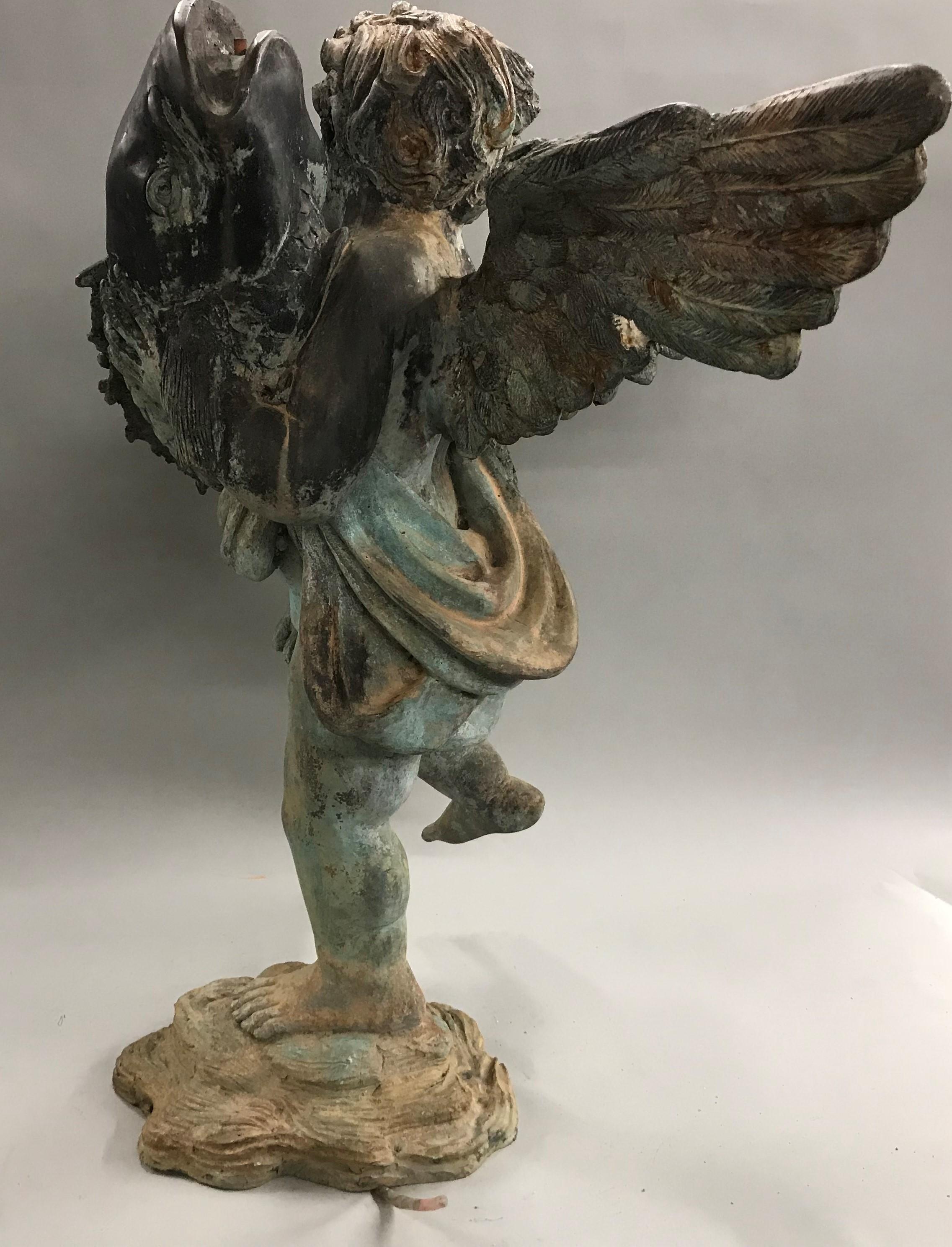 20th Century French Style Cast Iron Fountain with Winged Cherub or Putti Holding a Fish