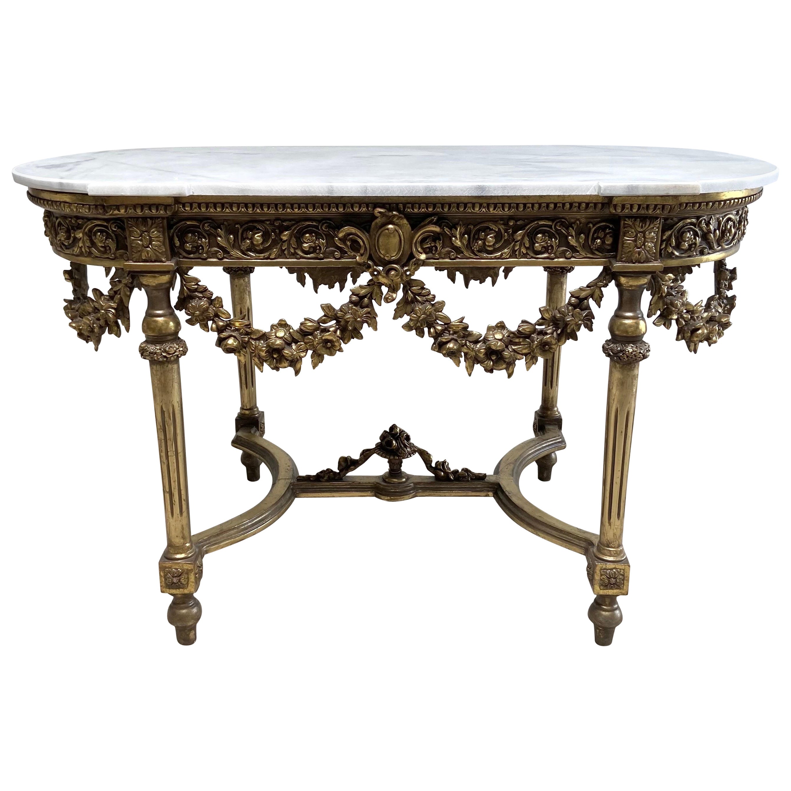 French Style Center Table with Carved Rose Swags and Marble Top