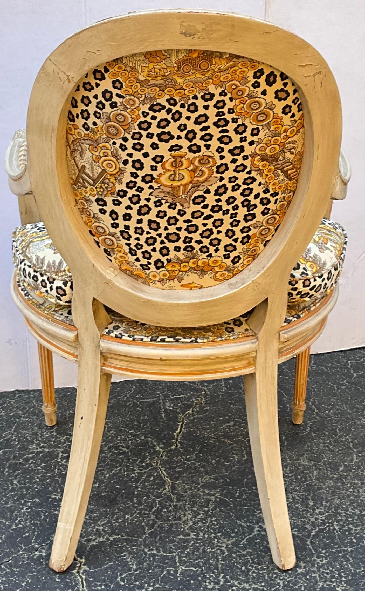 Louis XVI French Style Cerused Bergere Chair in Brunschwig & Fils Leopard Chinoiserie 