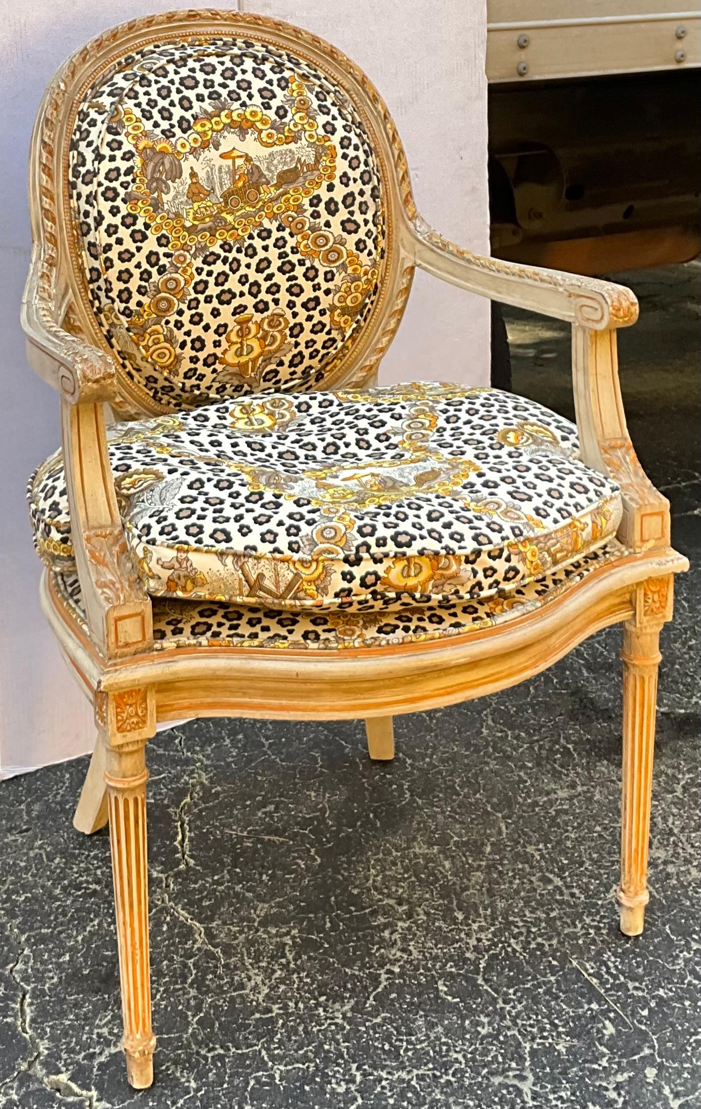 French Style Cerused Bergere Chair in Brunschwig & Fils Leopard Chinoiserie  In Good Condition In Kennesaw, GA