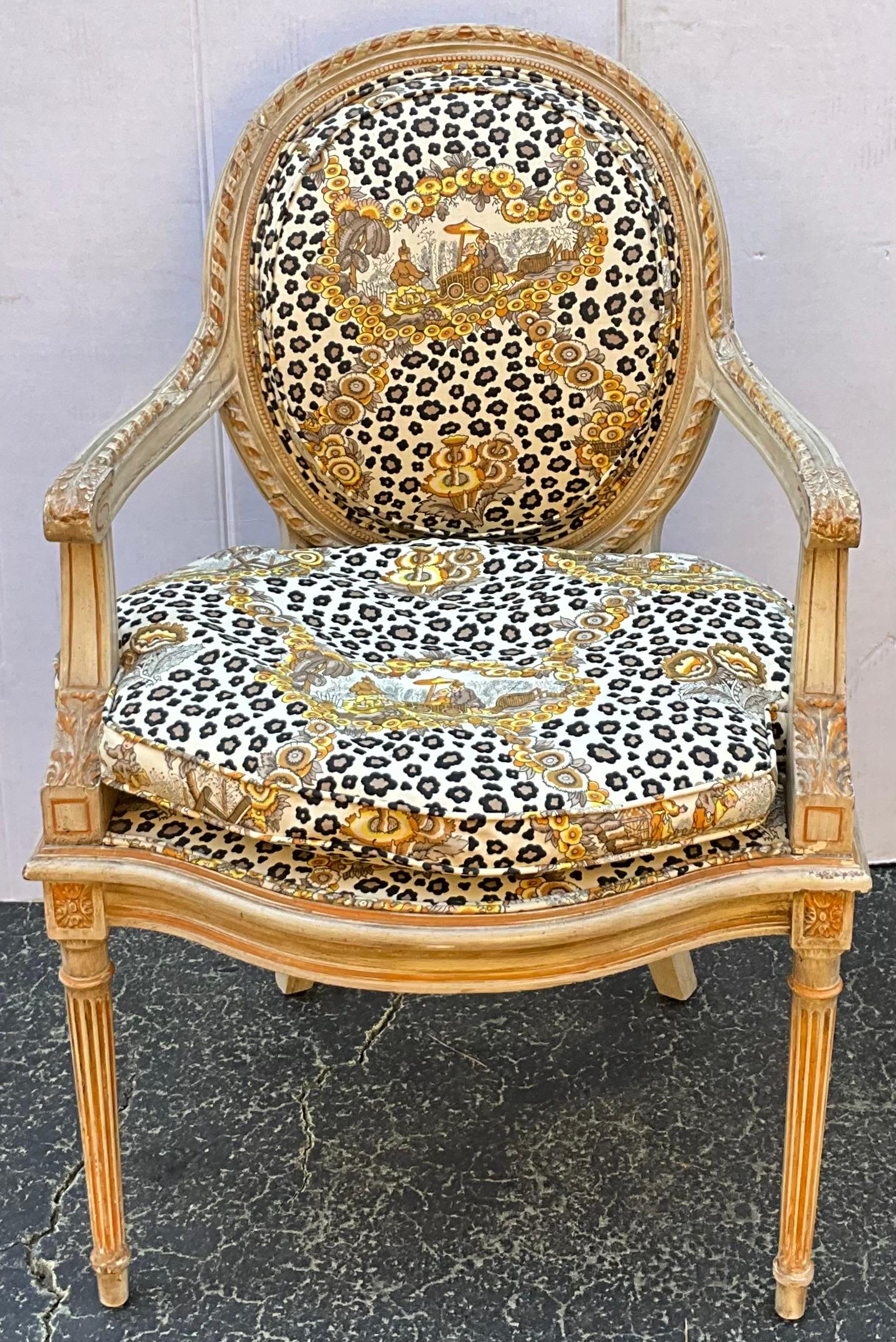20th Century French Style Cerused Bergere Chair in Brunschwig & Fils Leopard Chinoiserie 