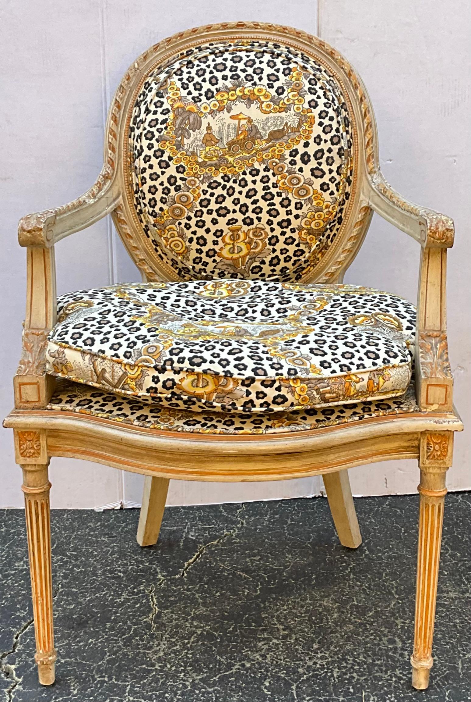 Upholstery French Style Cerused Bergere Chair in Brunschwig & Fils Leopard Chinoiserie 