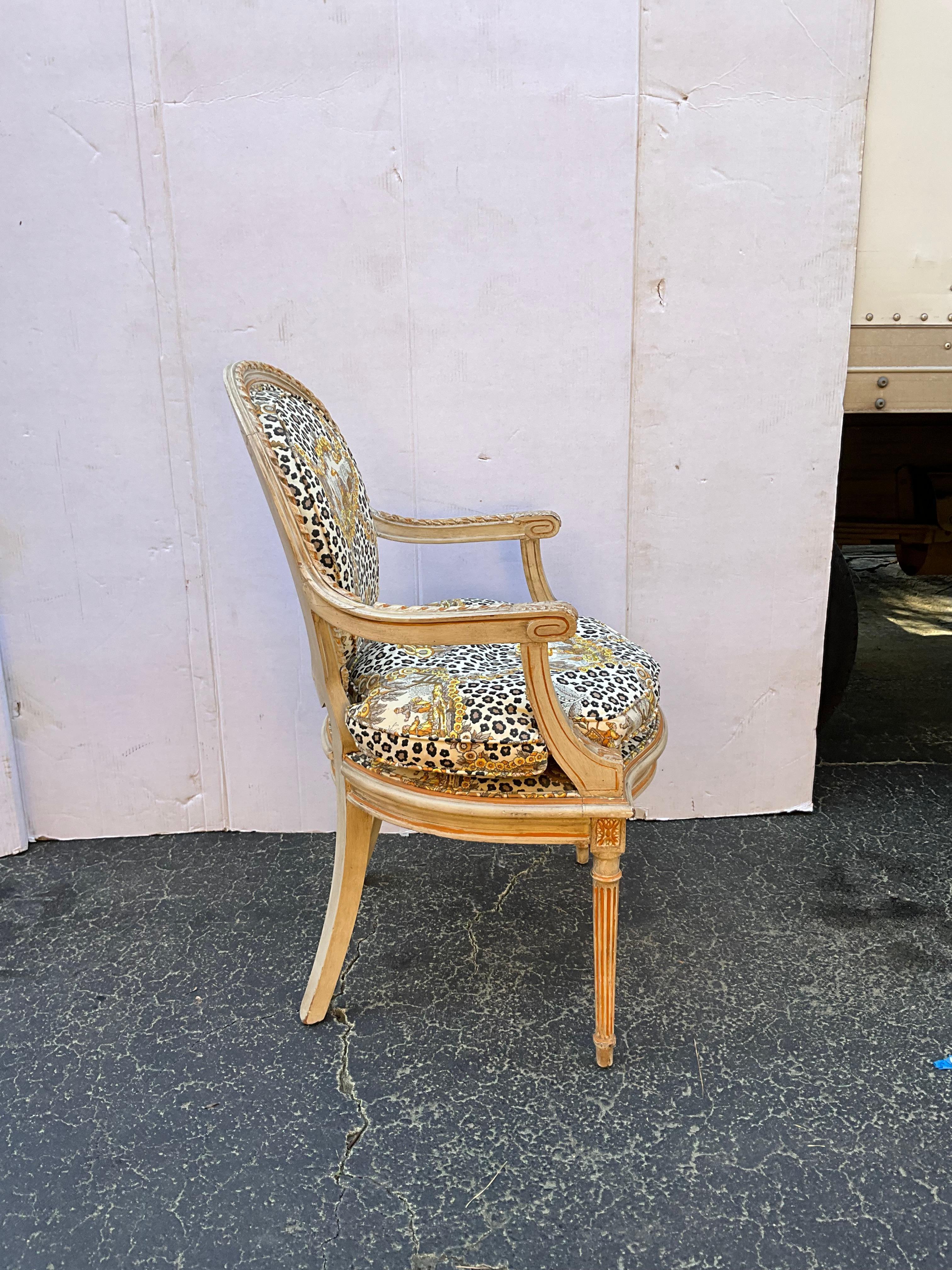 French Style Cerused Bergere Chair in Brunschwig & Fils Leopard Chinoiserie  1