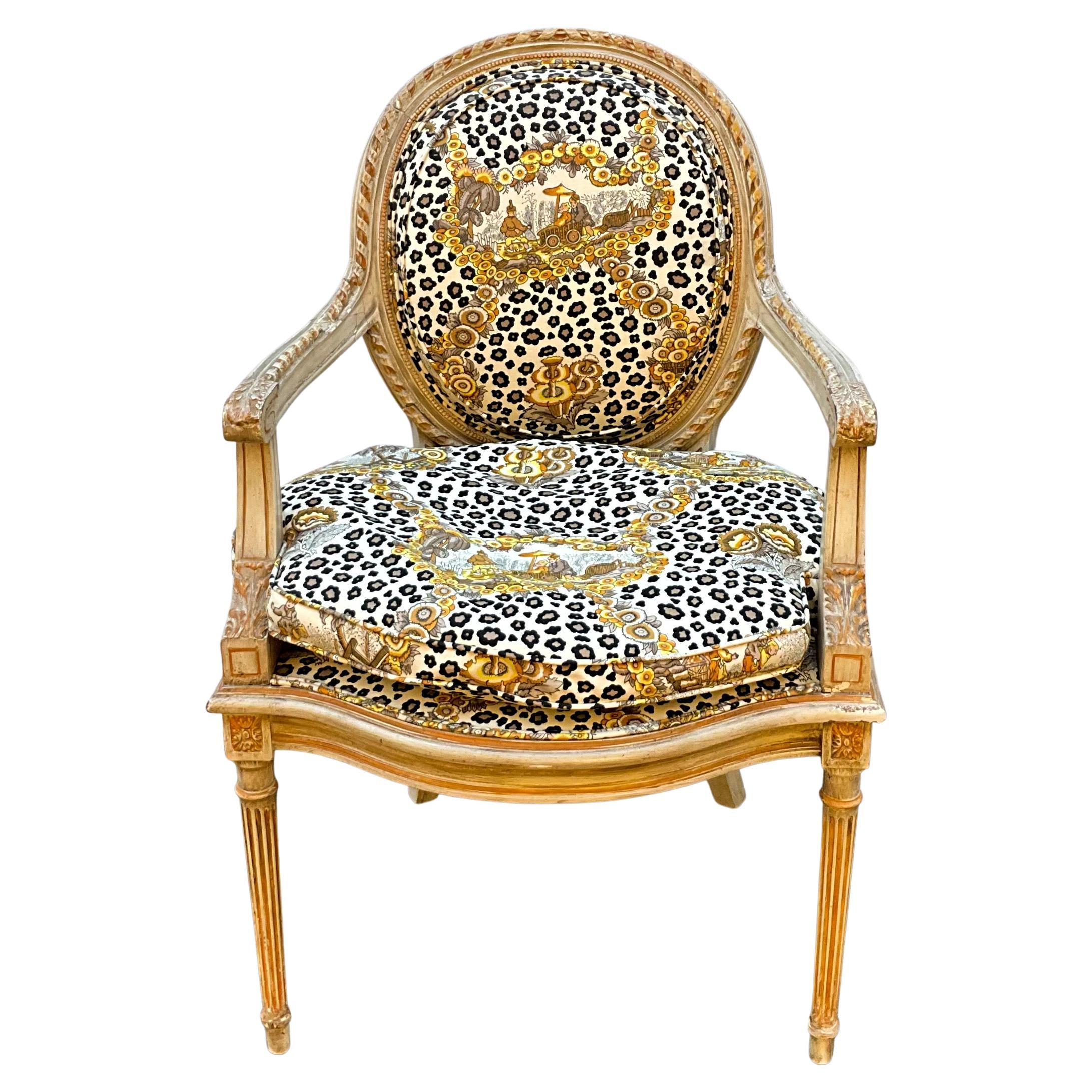 French Style Cerused Bergere Chair in Brunschwig & Fils Leopard Chinoiserie 