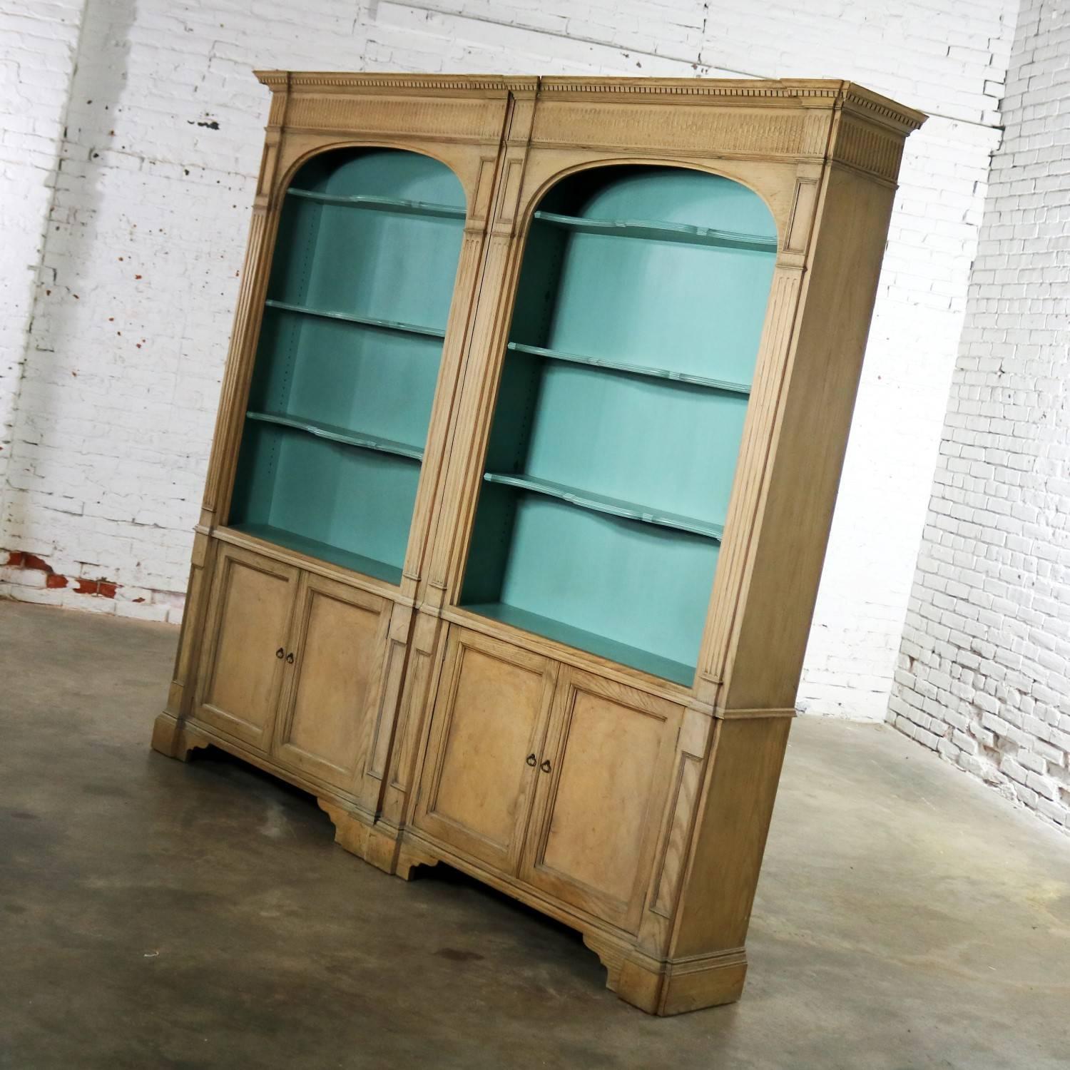 Painted French Style Cerused Bookcases with Turquoise Interior by Baker Furniture