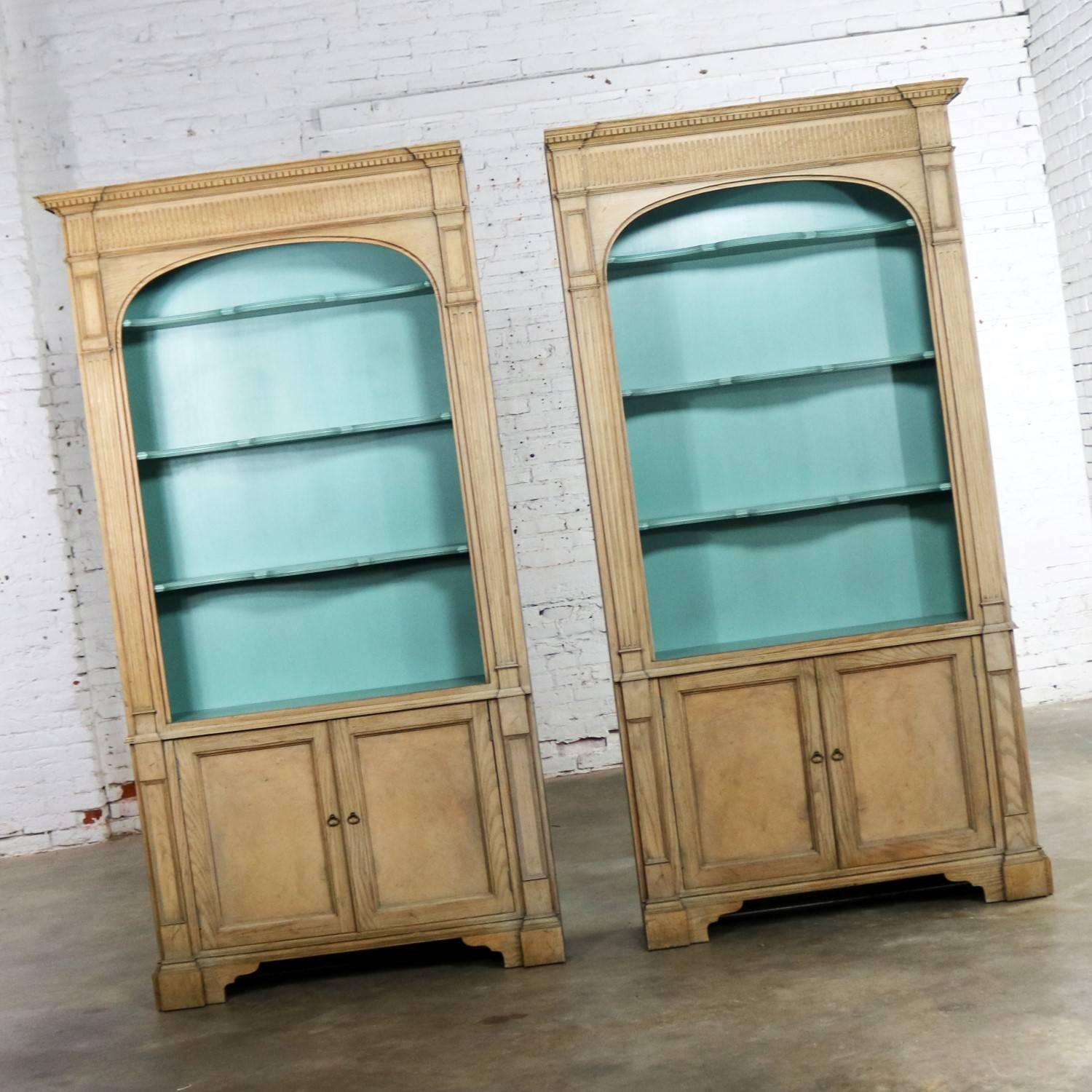 Wood French Style Cerused Bookcases with Turquoise Interior by Baker Furniture