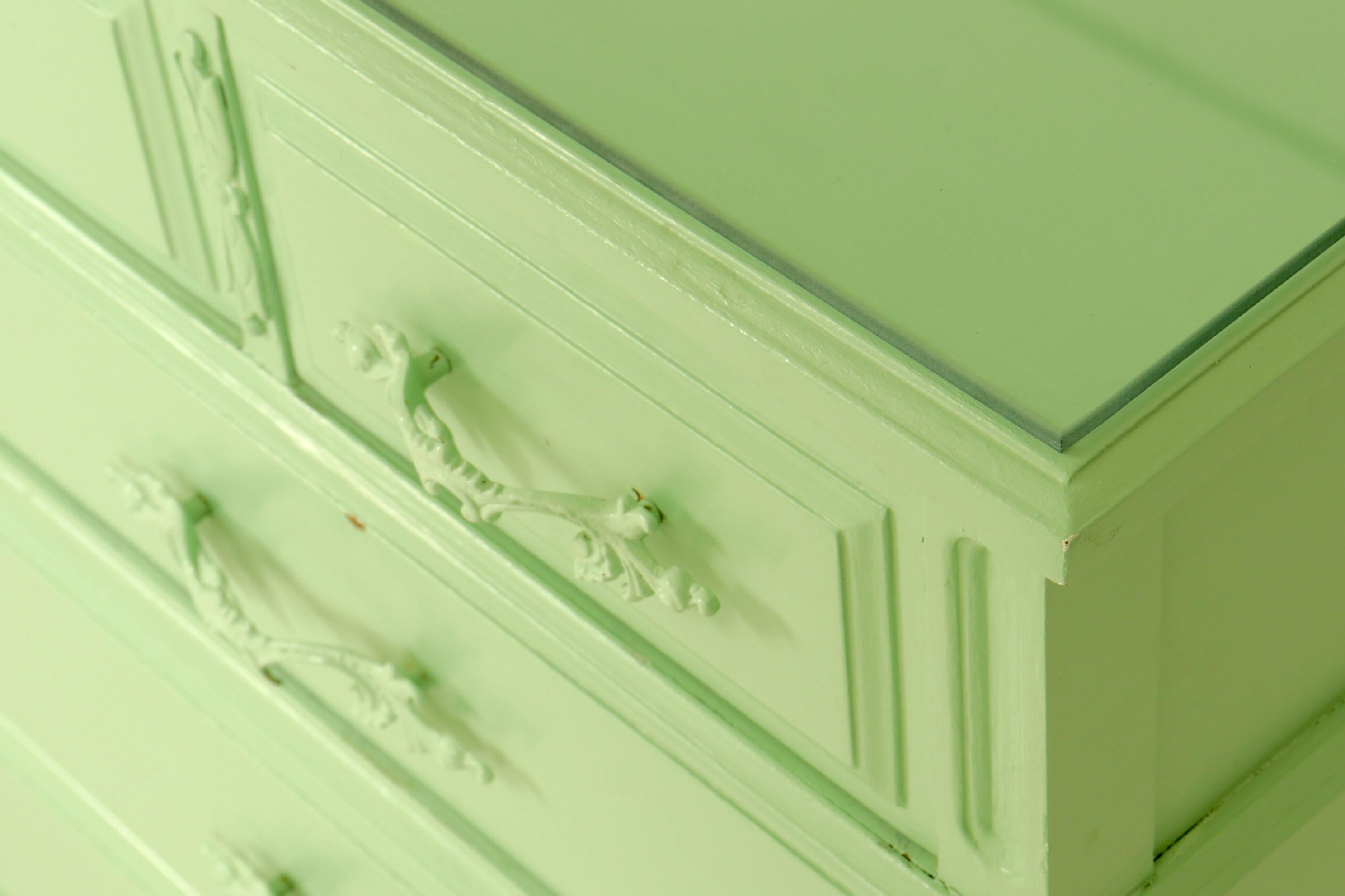 French Style Chest of Drawers in Sage Green In Good Condition In Bradenton, FL