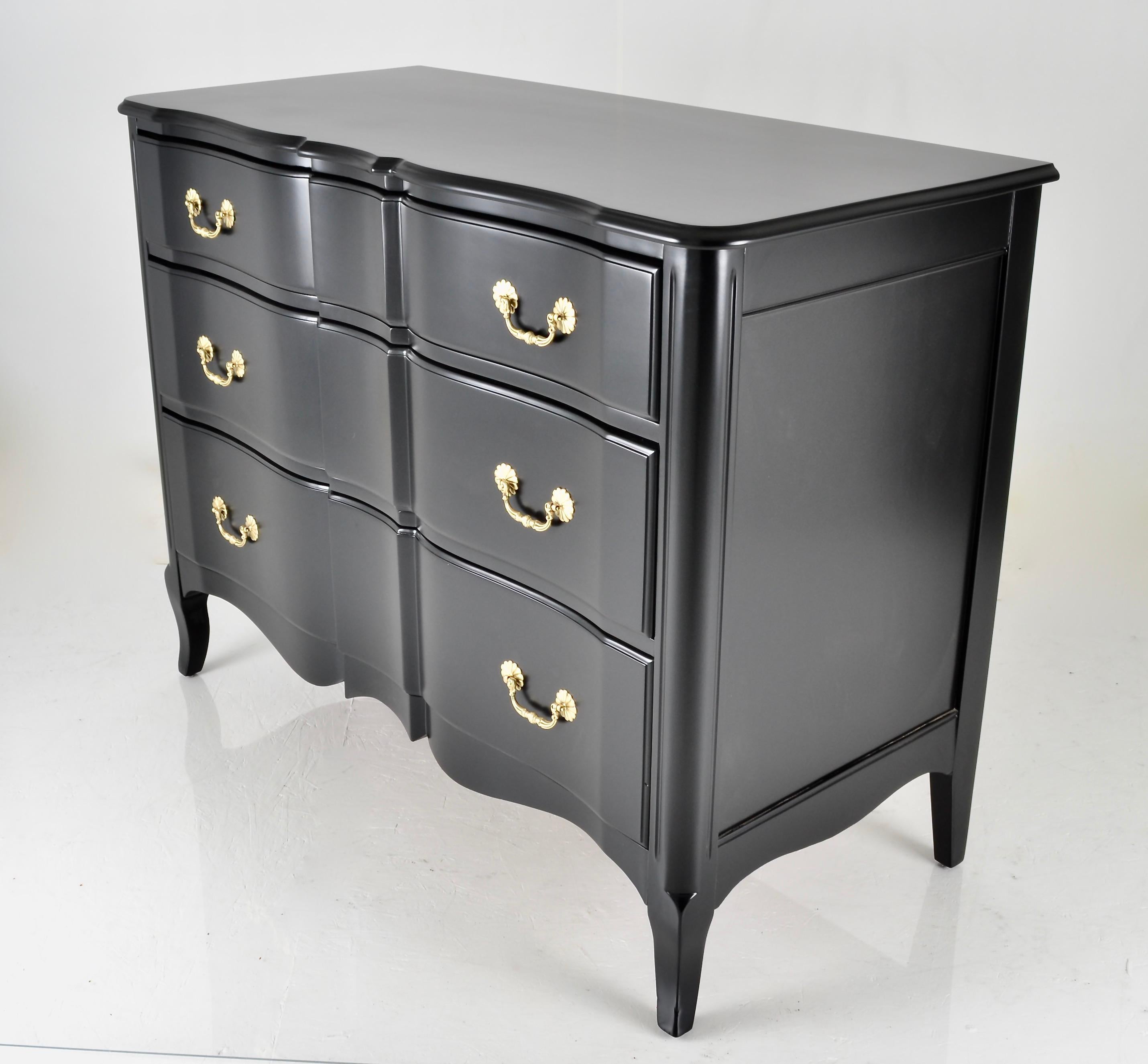 A classic form in this 3 drawer chest, with solid brass pulls. Fully restored in new satin black lacquer with polished and sealed pulls. Quality construction, solid oak drawers, dovetailed.