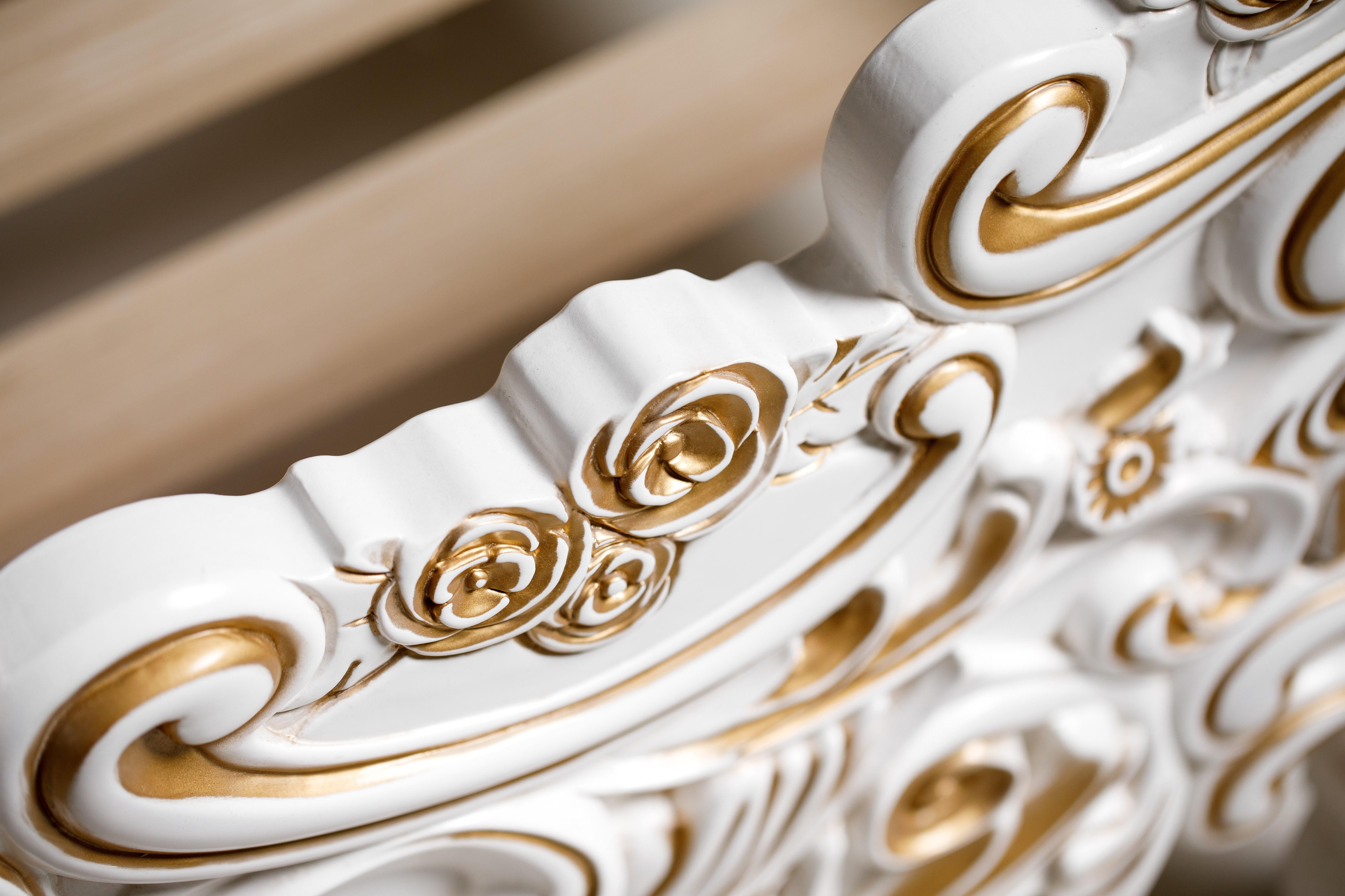 French Style Contemporary Solid Wood Carved Gold and White King Bedframe For Sale 2