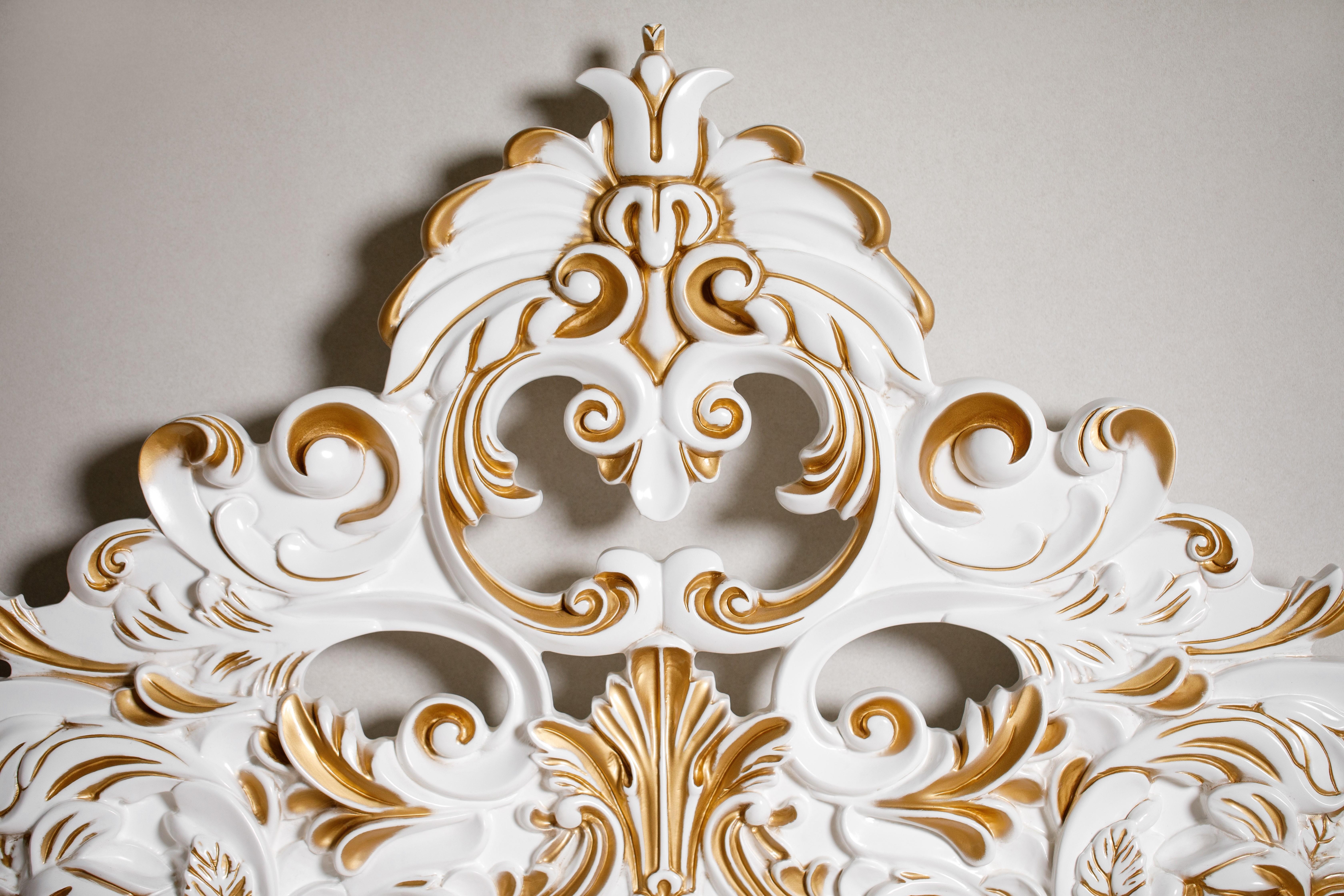 French Style Contemporary Solid Wood Carved Gold and White King Bedframe For Sale 3