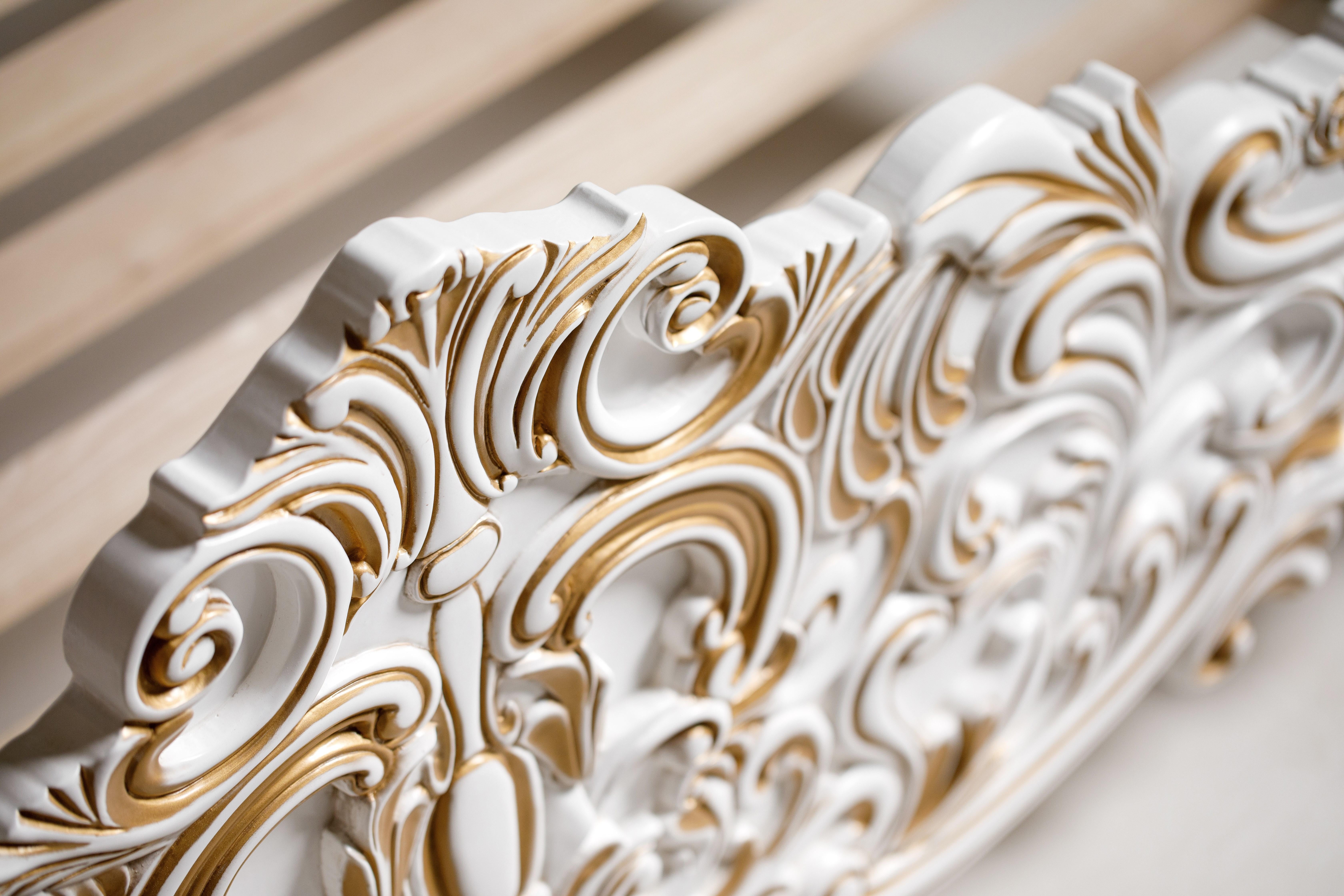 French Style Contemporary Solid Wood Carved Gold and White King Bedframe For Sale 4
