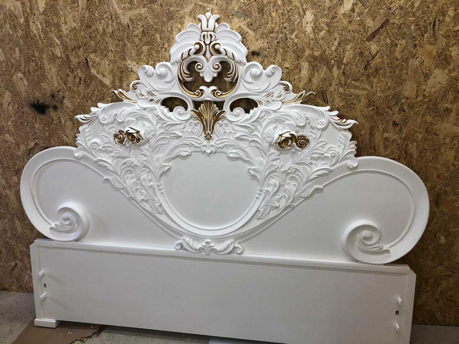 French Style Contemporary Solid Wood Carved Gold and White King Bedframe For Sale 5