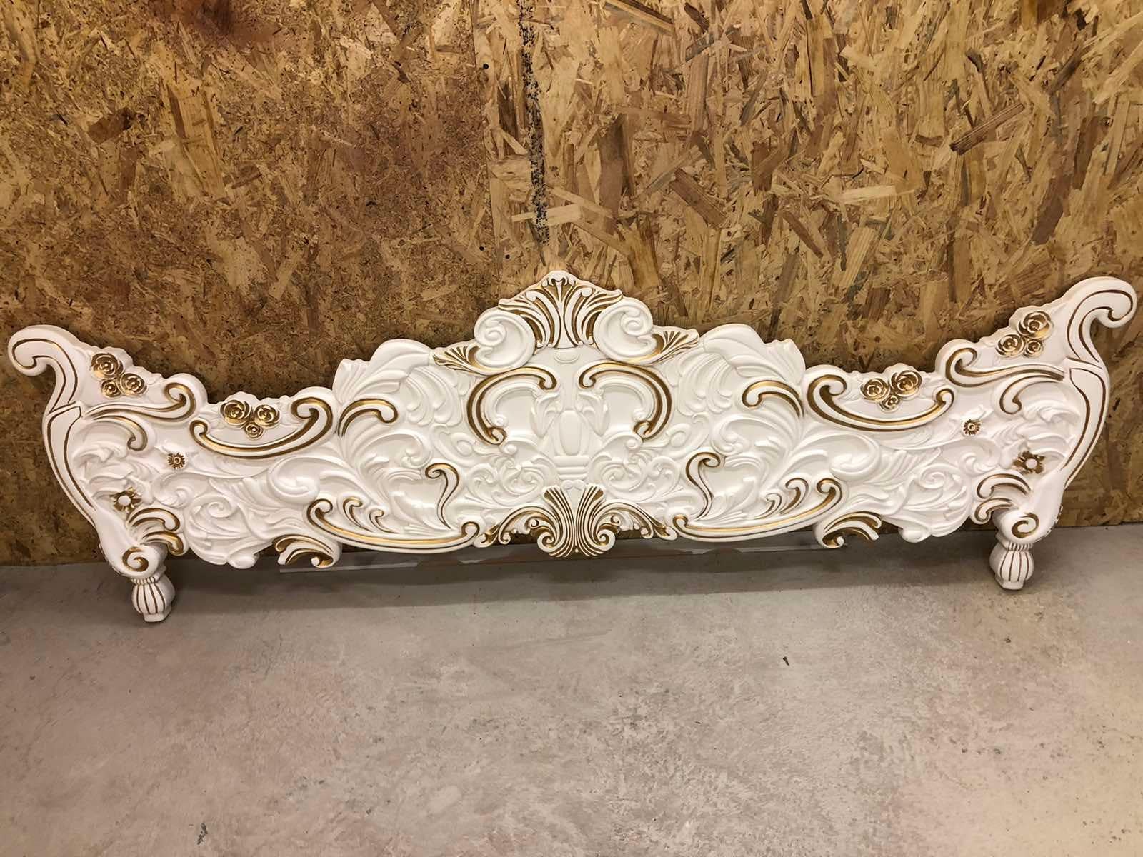 French Style Contemporary Solid Wood Carved Gold and White King Bedframe For Sale 6