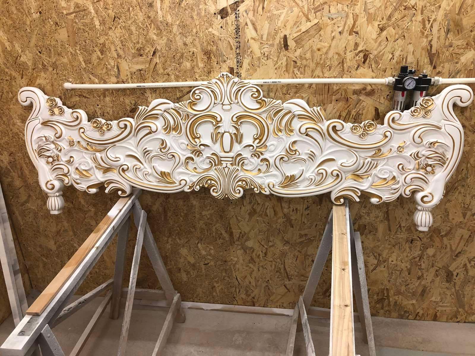 French Style Contemporary Solid Wood Carved Gold and White King Bedframe For Sale 7