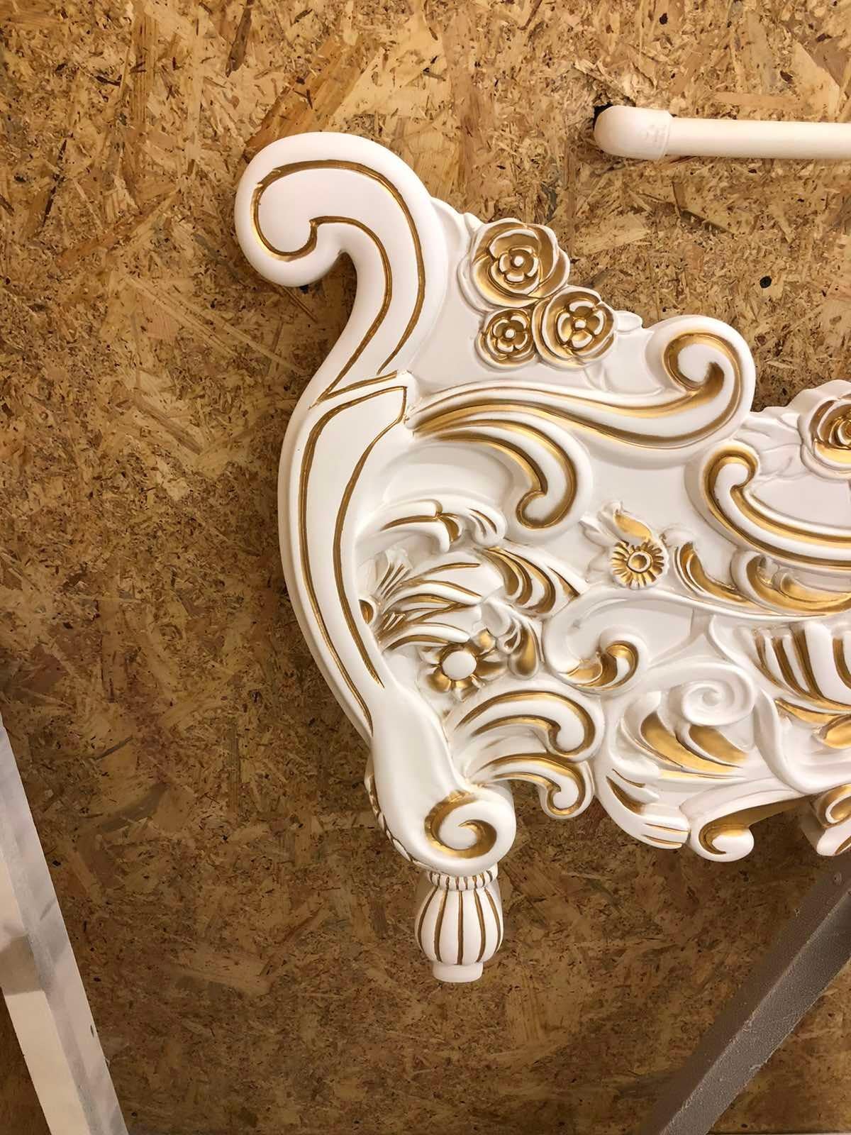French Style Contemporary Solid Wood Carved Gold and White King Bedframe For Sale 8