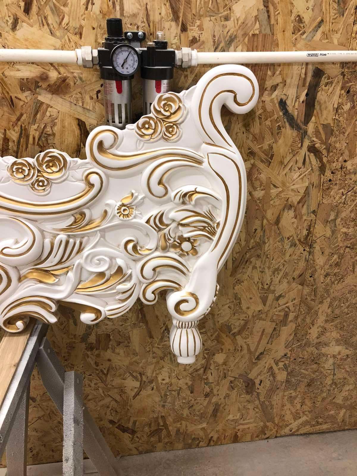 French Style Contemporary Solid Wood Carved Gold and White King Bedframe For Sale 9