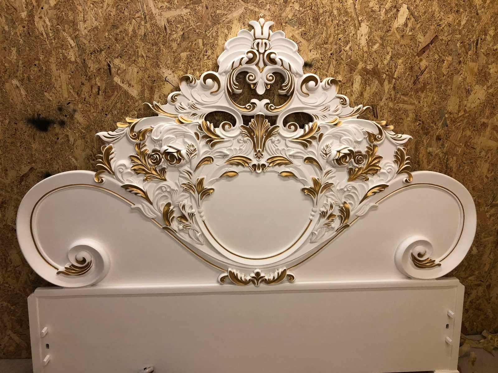 French Style Contemporary Solid Wood Carved Gold and White King Bedframe For Sale 10