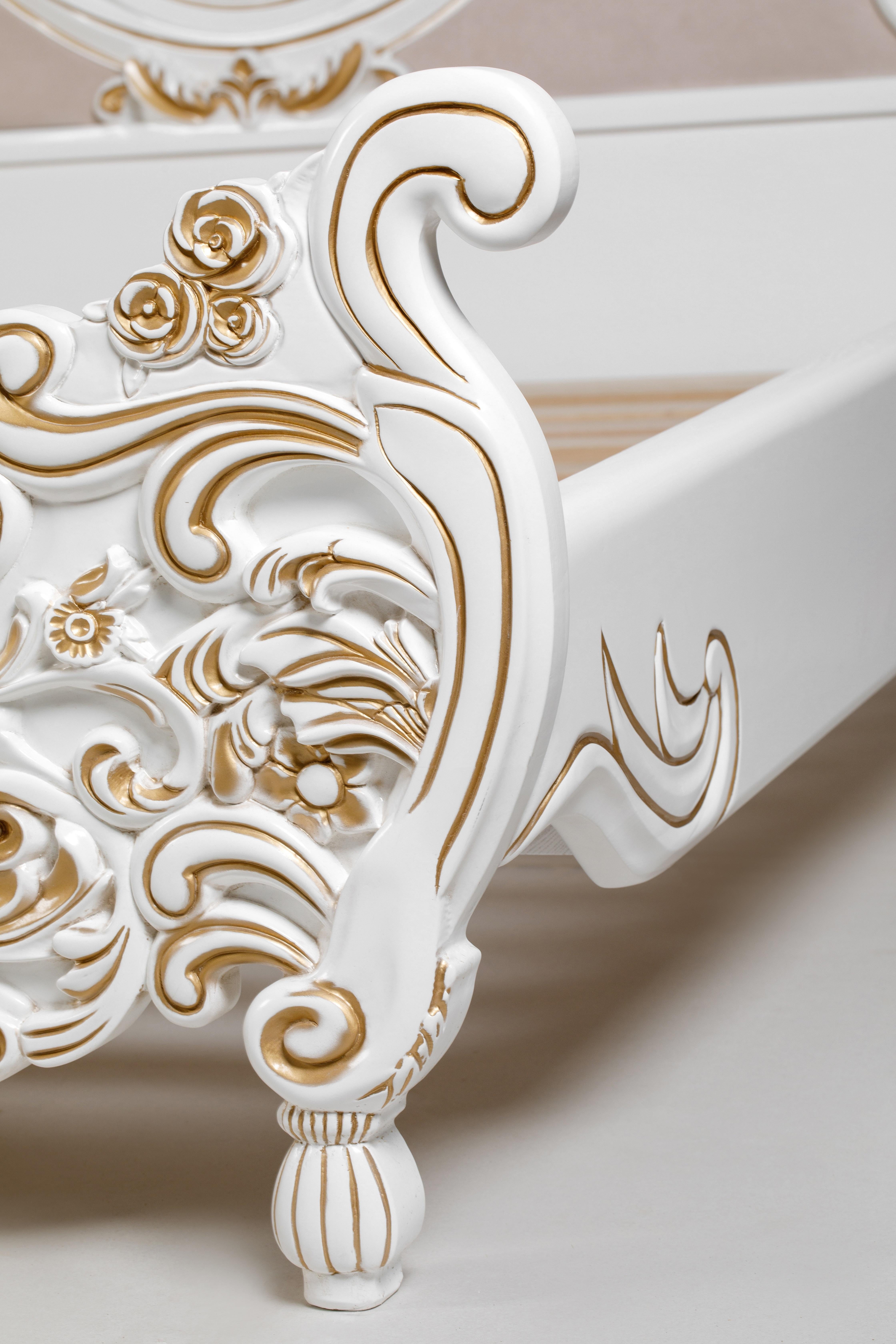 French Provincial French Style Contemporary Solid Wood Carved Gold and White King Bedframe For Sale
