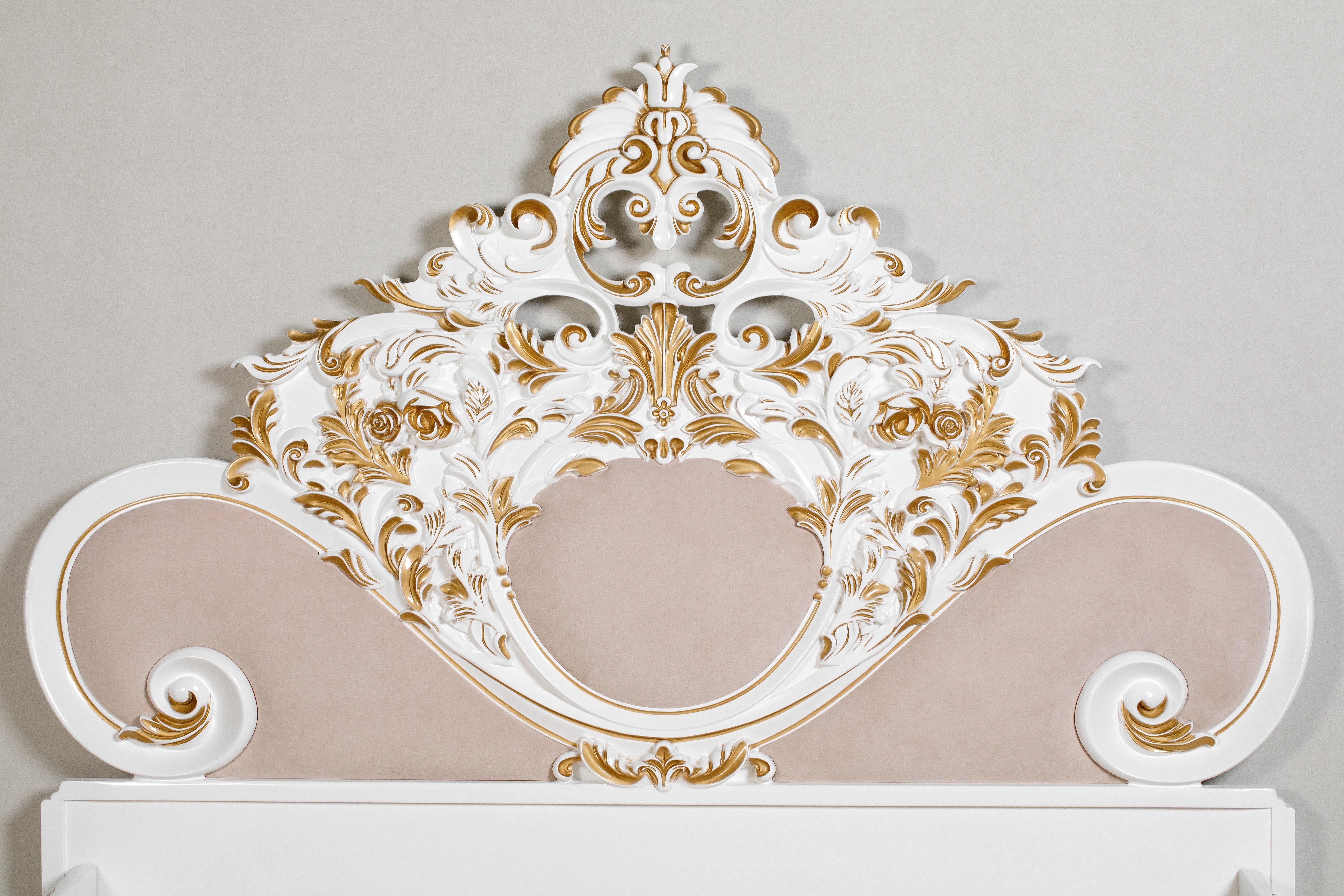 Moldovan French Style Contemporary Solid Wood Carved Gold and White King Bedframe For Sale
