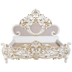 French Style Contemporary Solid Wood Carved Gold and White King Bedframe