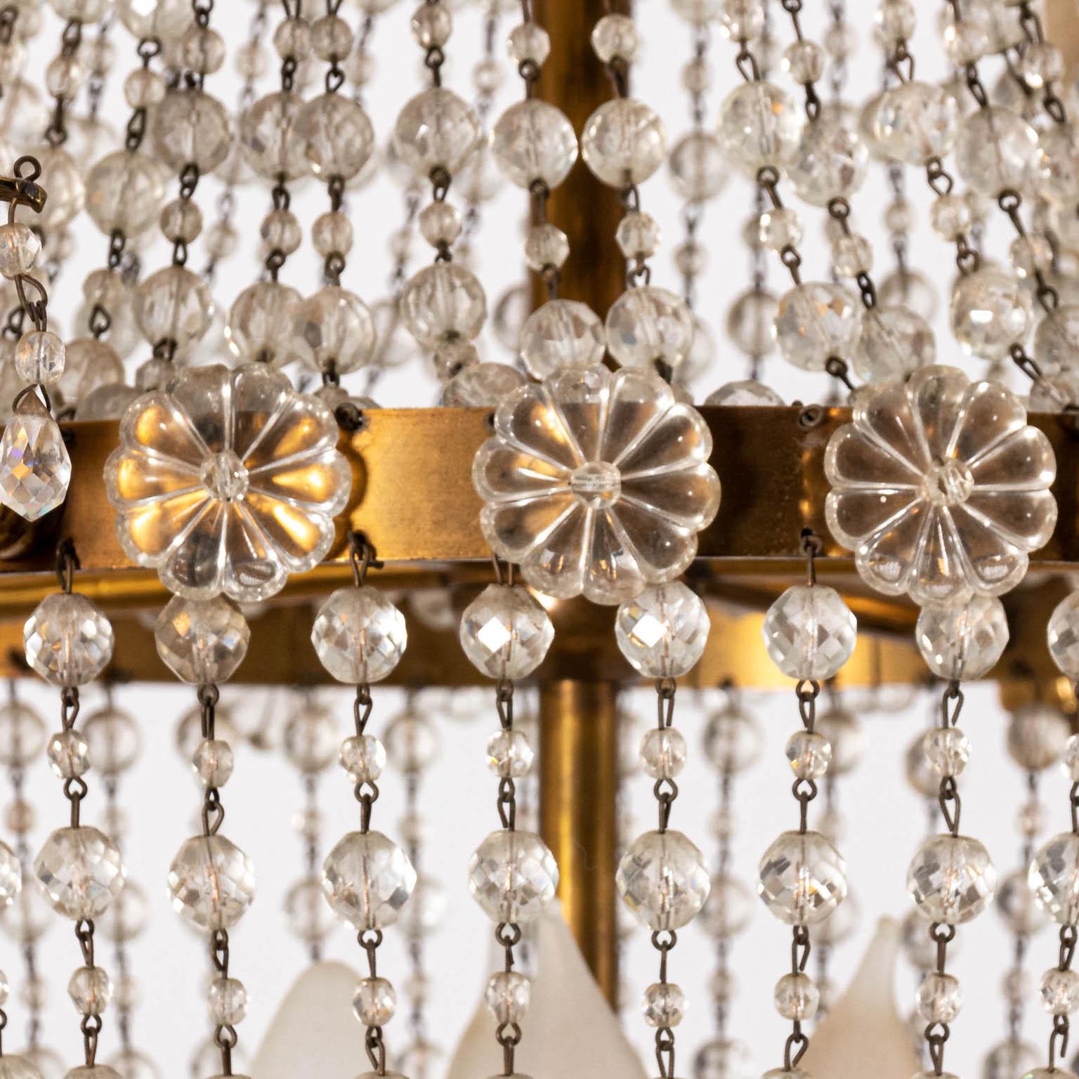 American French Style Crystal Beaded Brass Chandelier