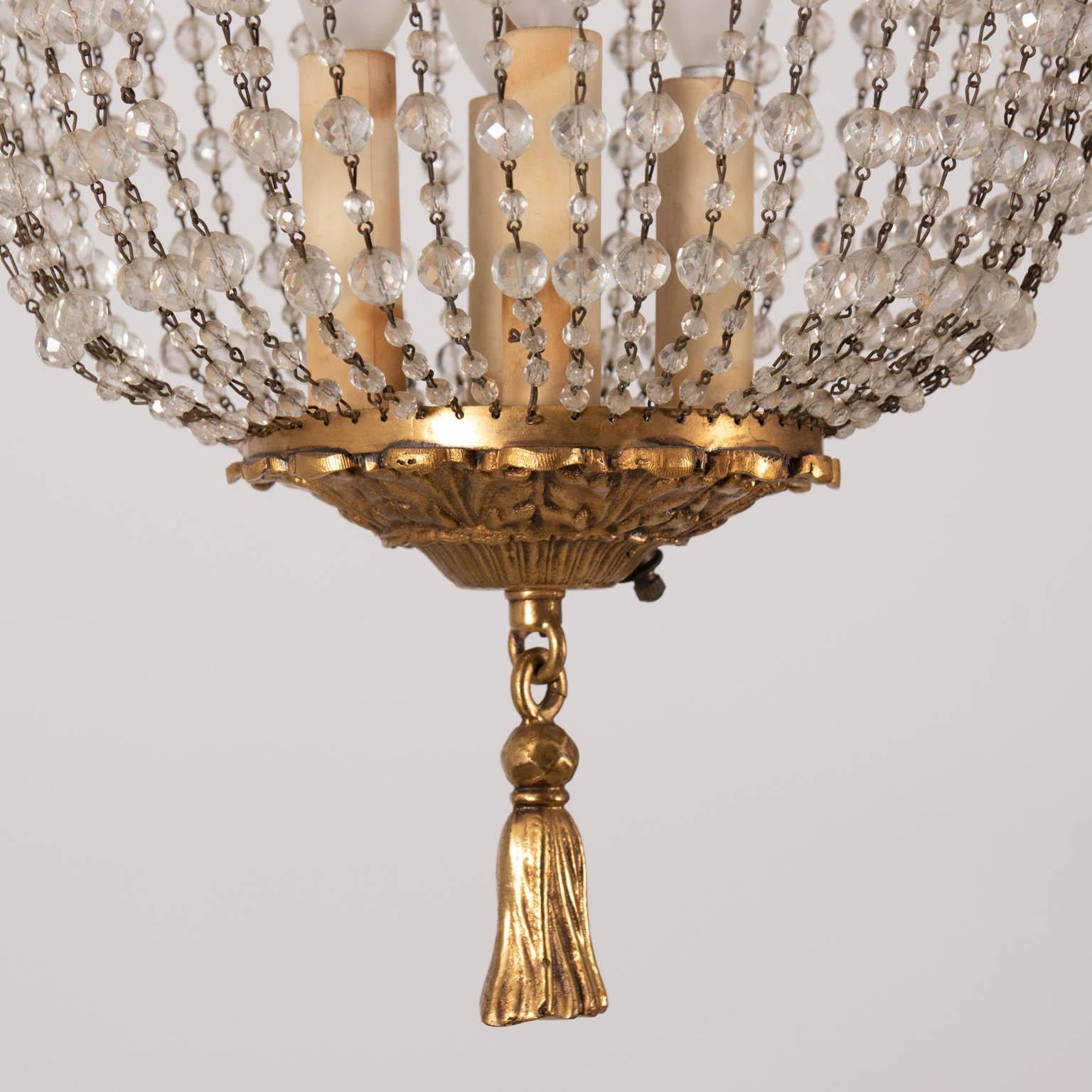 French Style Crystal Beaded Brass Chandelier In Good Condition In Stamford, CT