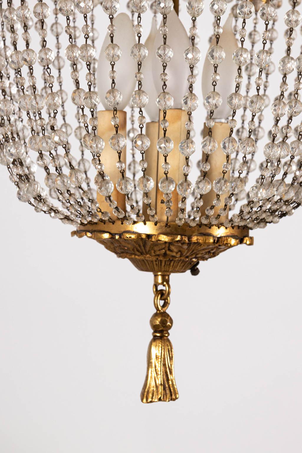 Mid-20th Century French Style Crystal Beaded Brass Chandelier