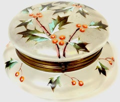 French Style Enameled Holly Motif Frosted Iridescent Box, Style of Daum Nancy