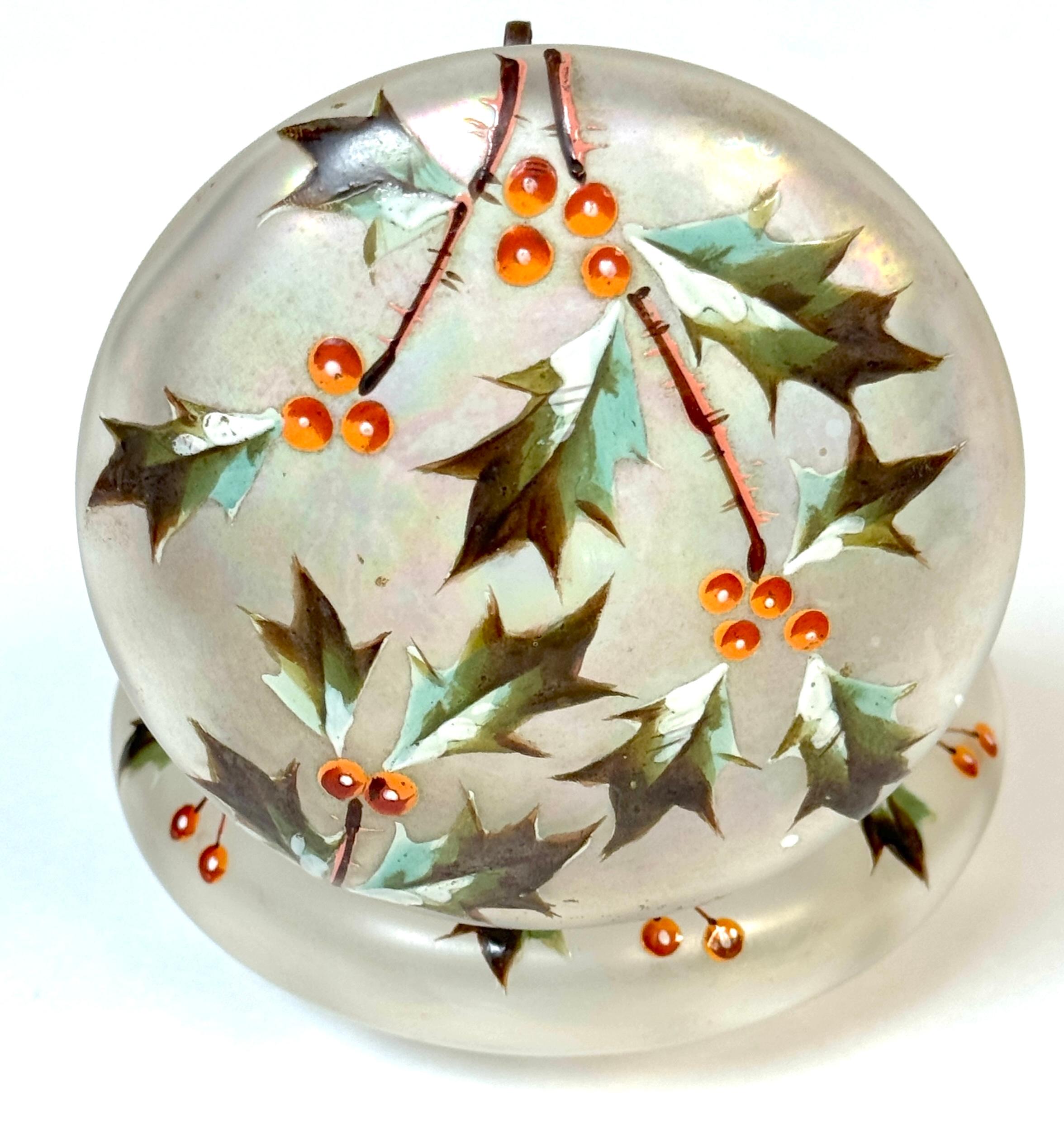 Brass French Style Enameled Holly Motif Frosted Iridescent Box, Style of Daum Nancy For Sale