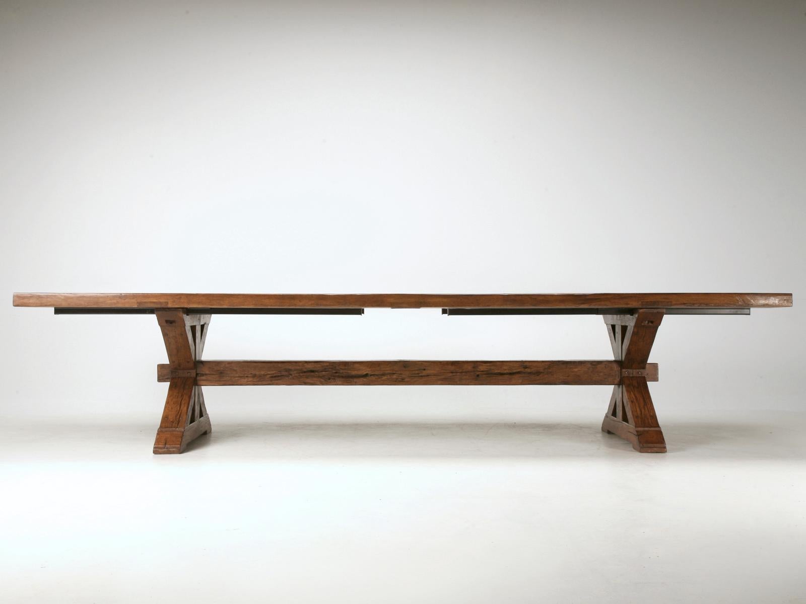 French Style Farmhouse Reclaimed Oak 12 Foot to 17 Foot Table Matching Leaves In New Condition For Sale In Chicago, IL