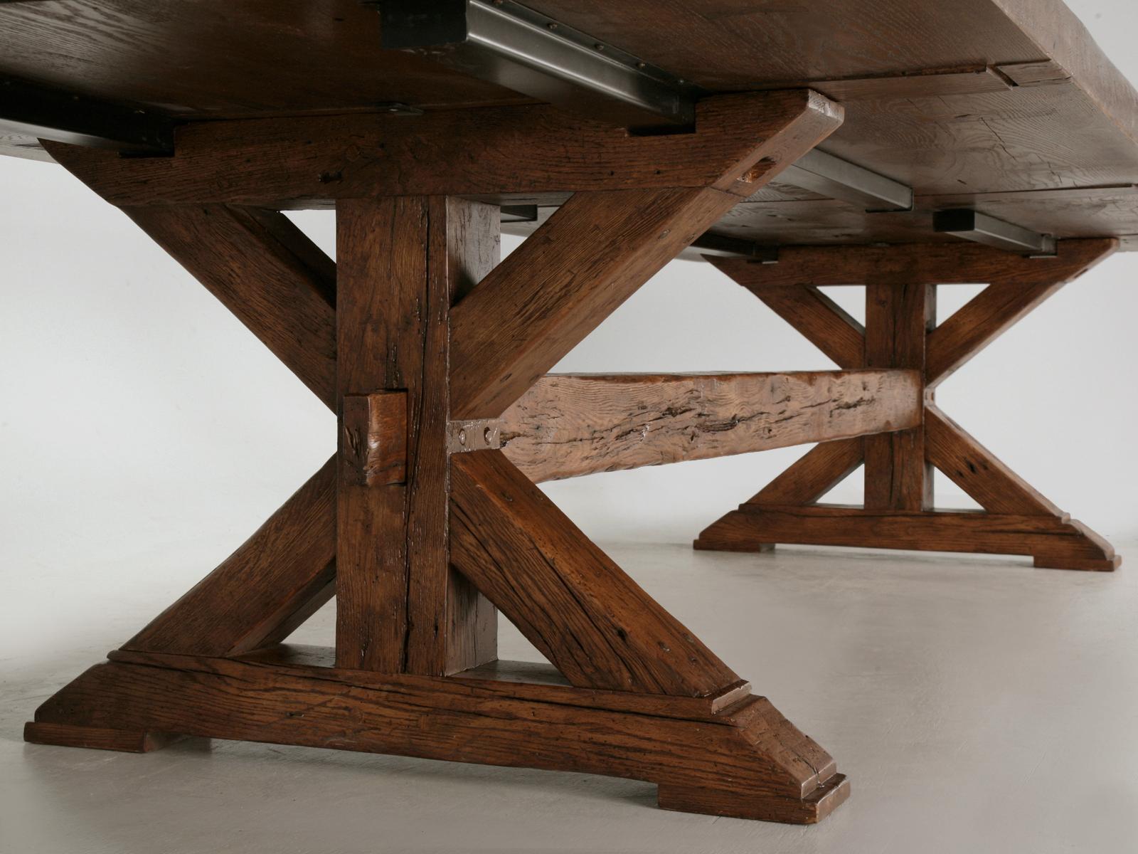 Contemporary French Style Farmhouse Reclaimed Oak 12 Foot to 17 Foot Table Matching Leaves For Sale