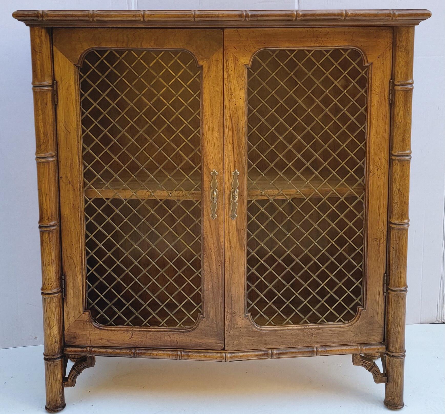 Regency French Style Faux Bamboo Fruitwood Bookcase Cabinet with Wire Doors