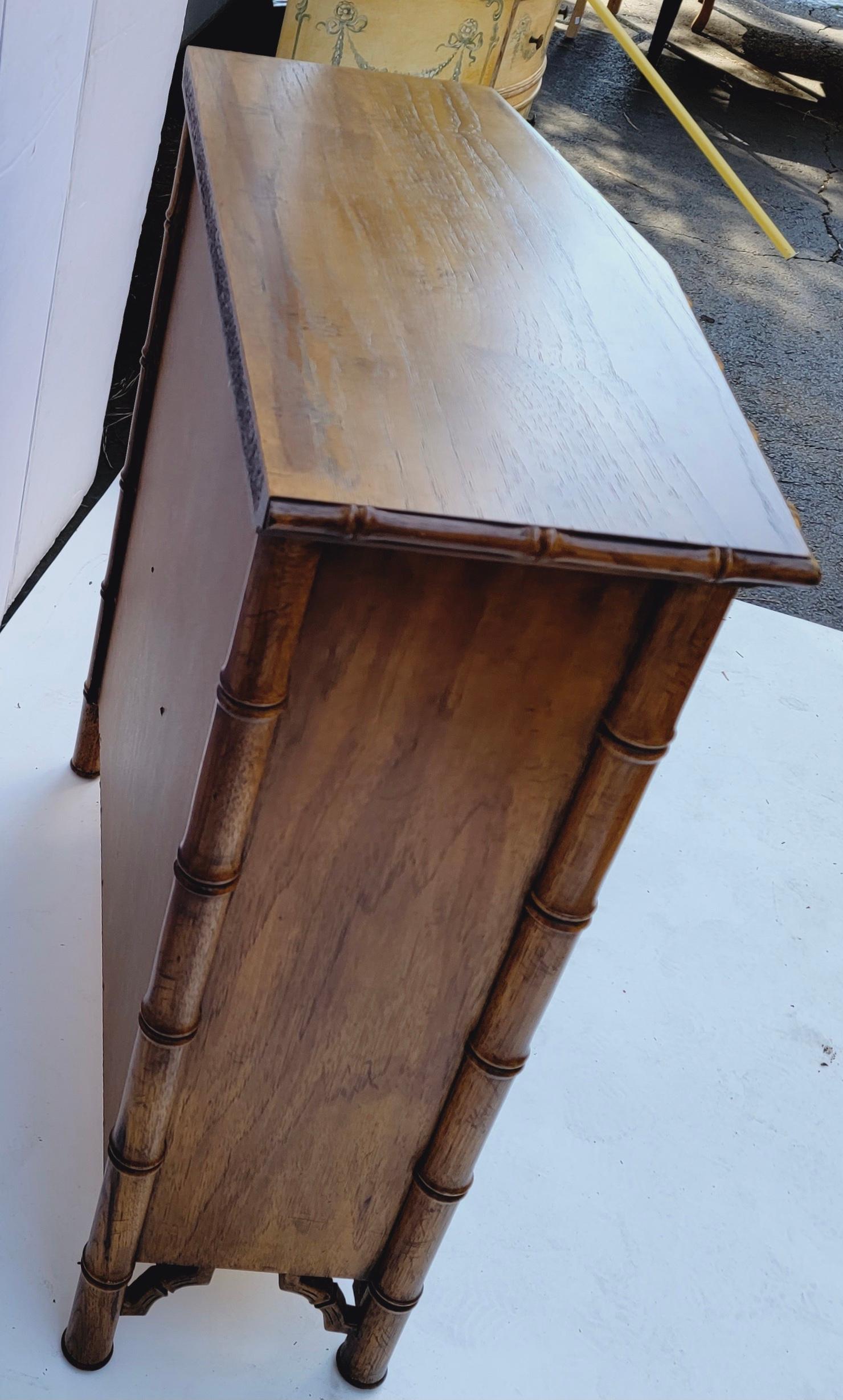 20th Century French Style Faux Bamboo Fruitwood Bookcase Cabinet with Wire Doors