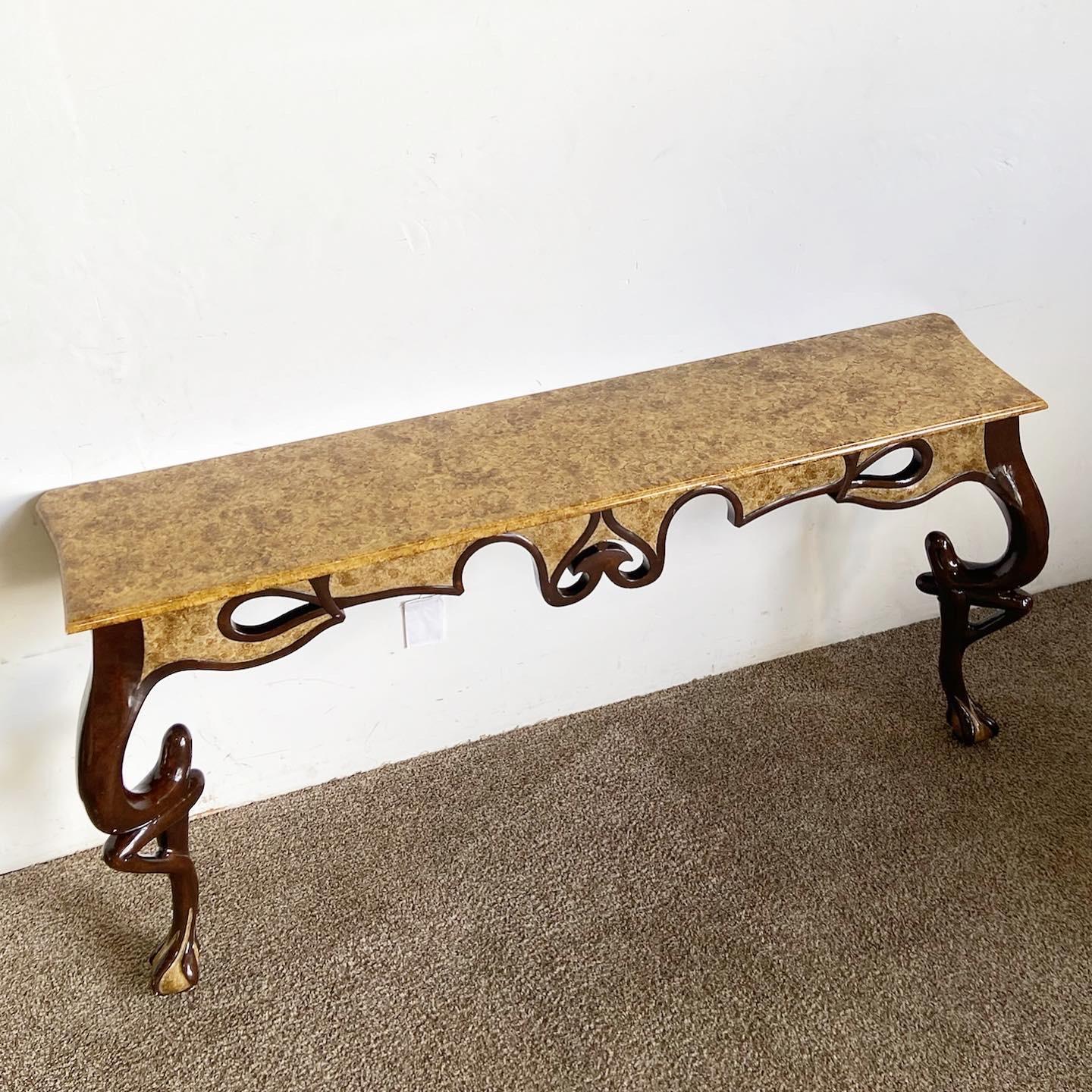 French Provincial French Style Faux Burl Sculpted Console Table For Sale